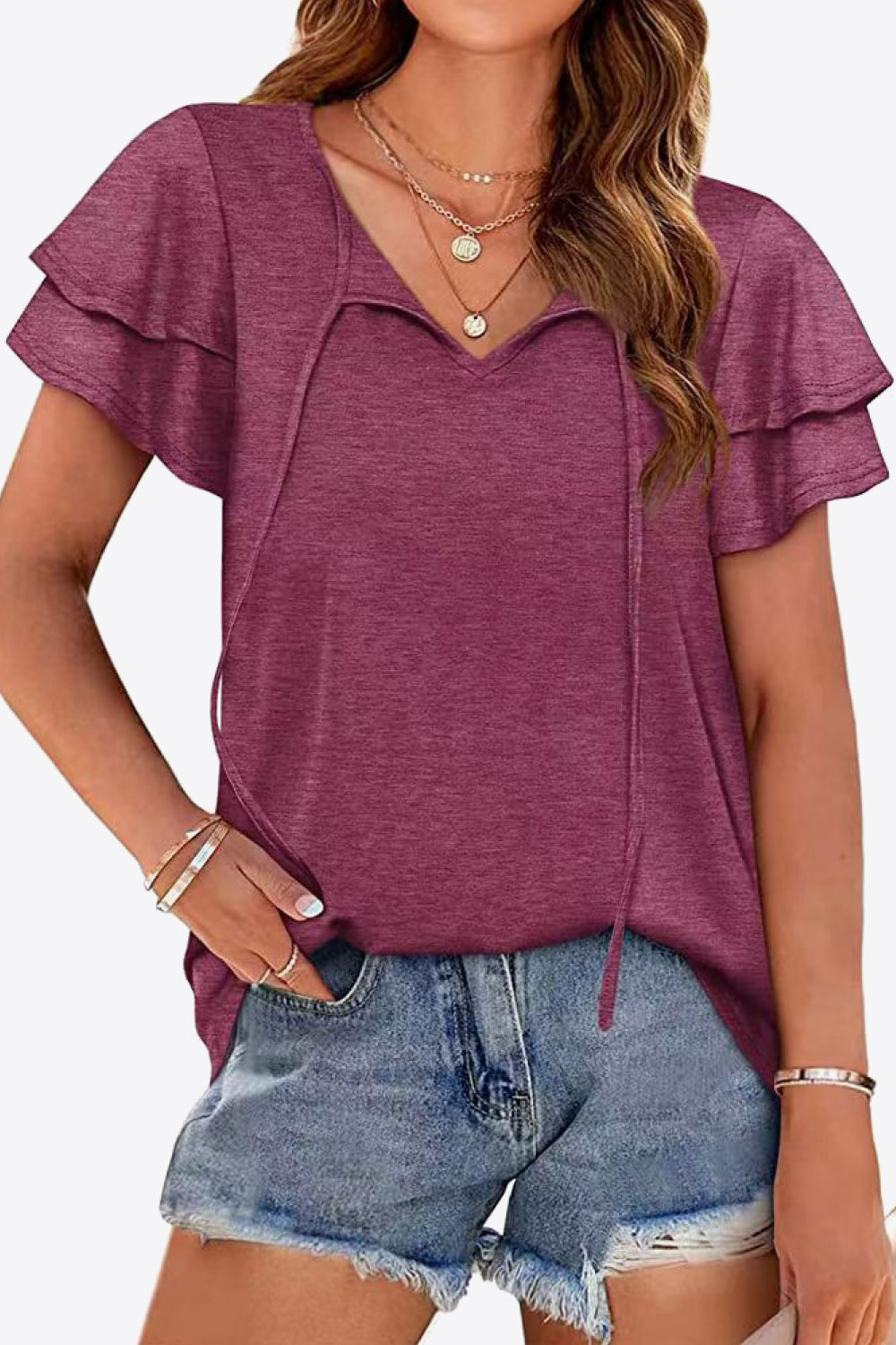 Tie-Neck Layered Flutter Sleeve Blouse - Lilixa.store