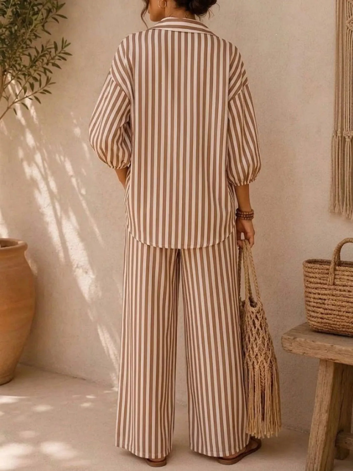 Full Size Striped Relaxed Fit Shirt and Wide-Leg Pants Set Plus Size - Lilixa.store