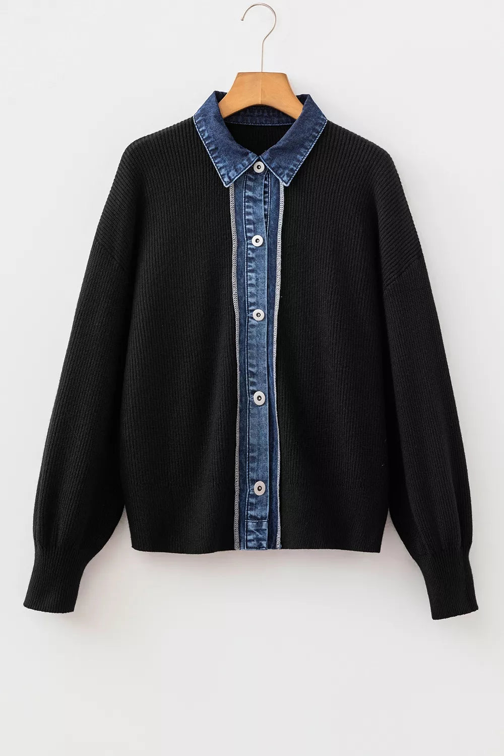Denim Contrast Placket Long Sleeve Cardigan - Lilixa.store