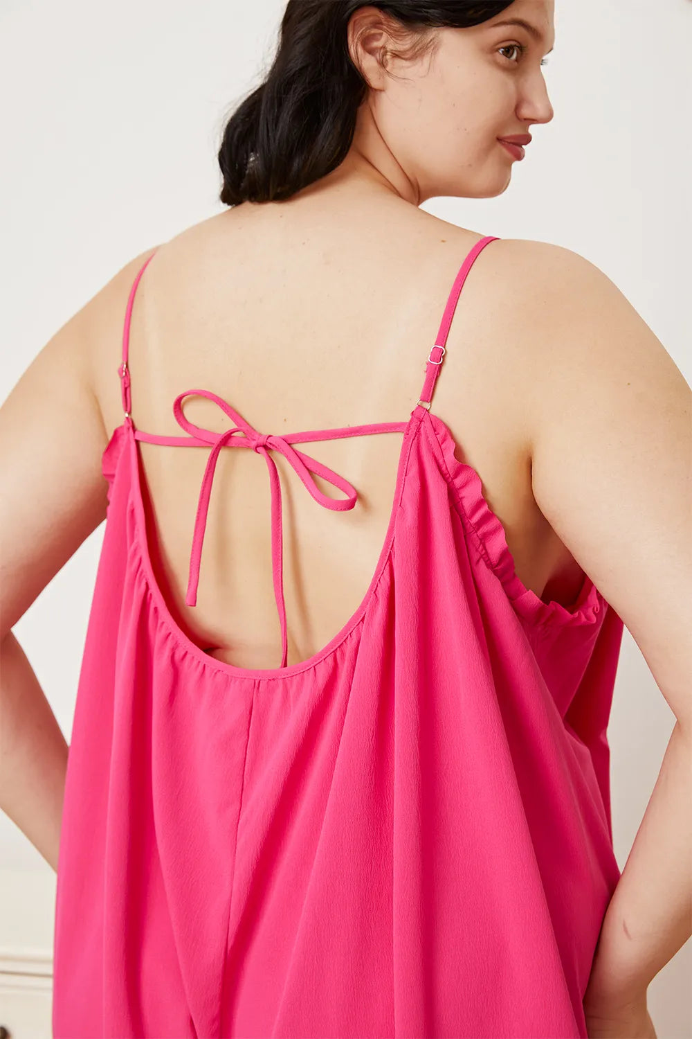 Double Take Full Size Ruffle Trim Tie Back Cami Jumpsuit with Pockets - Lilixa.store