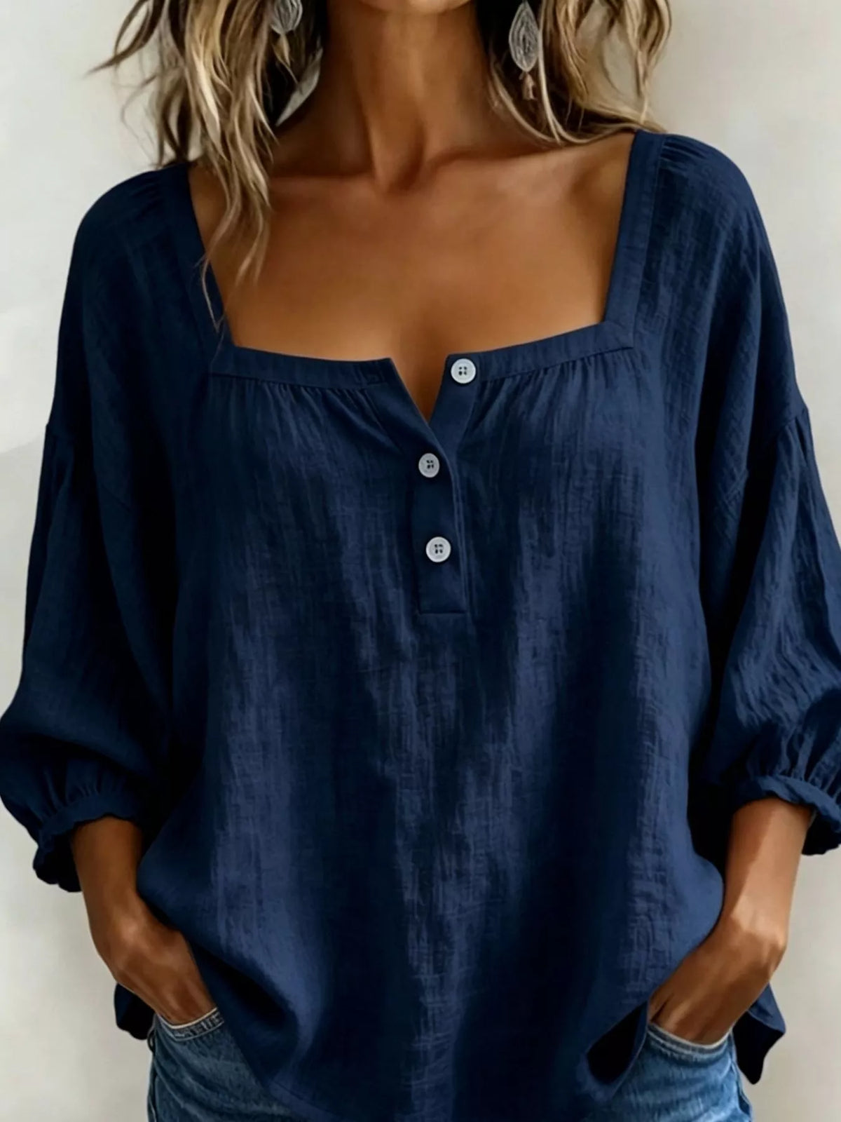 Full Size Square Neck Button Detail Blouse Plus Size - Lilixa.store