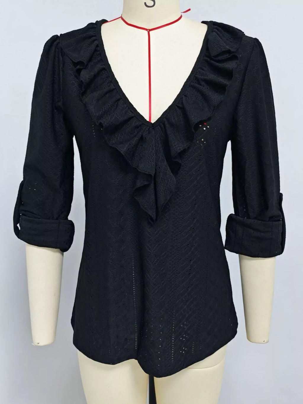 Eyelet Ruffle V-Neck Blouse - Lilixa.store
