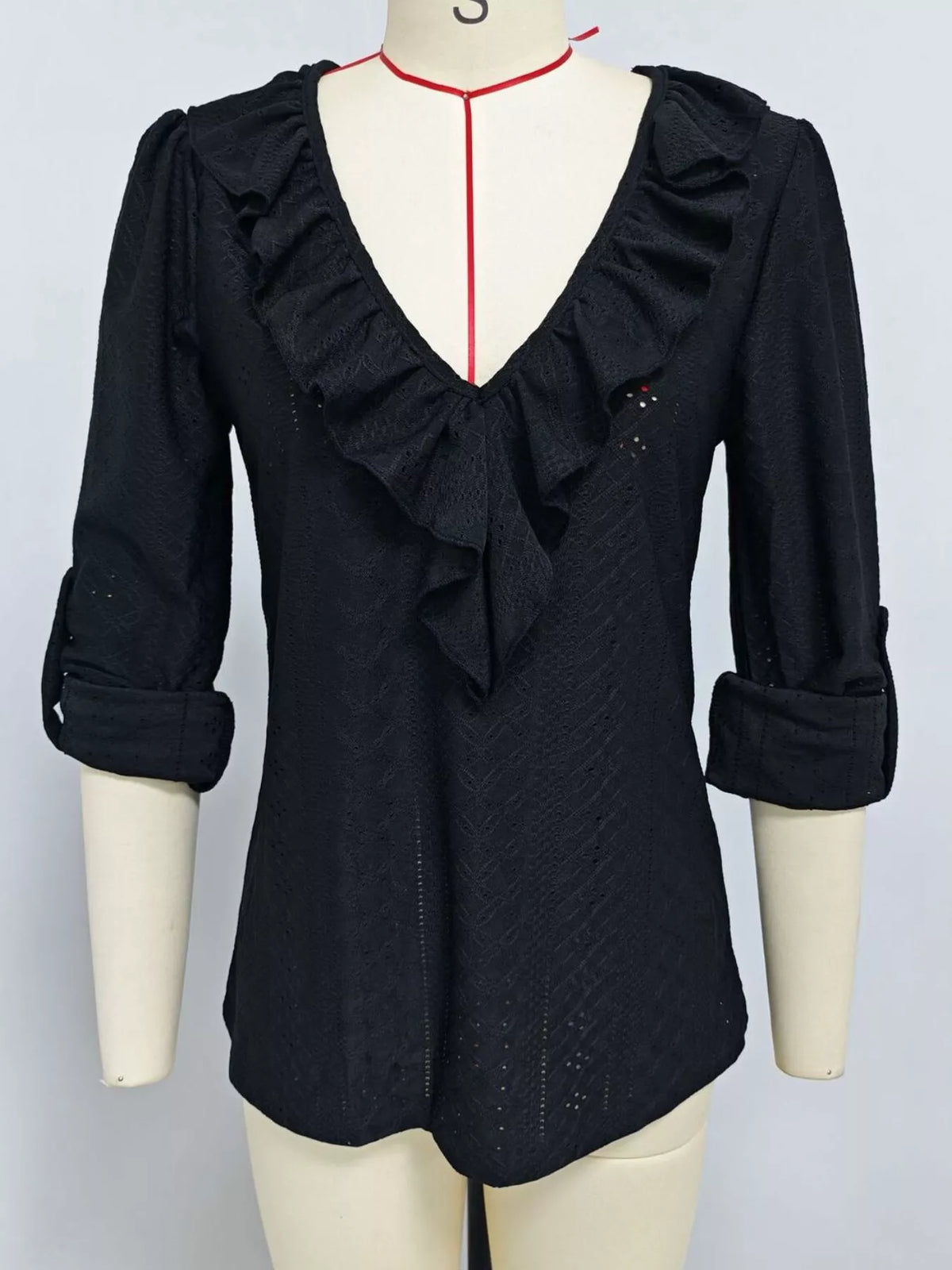 Eyelet Ruffle V-Neck Blouse - Lilixa.store