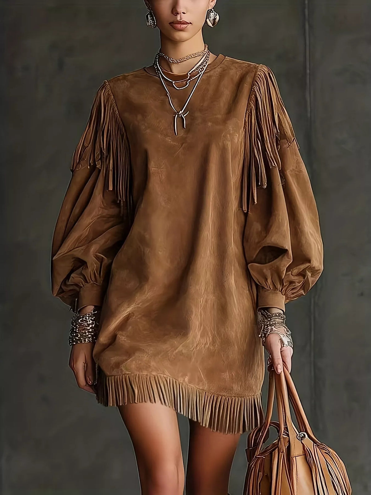 Fringe Detail Lantern Sleeve Mini Dress - Lilixa.store