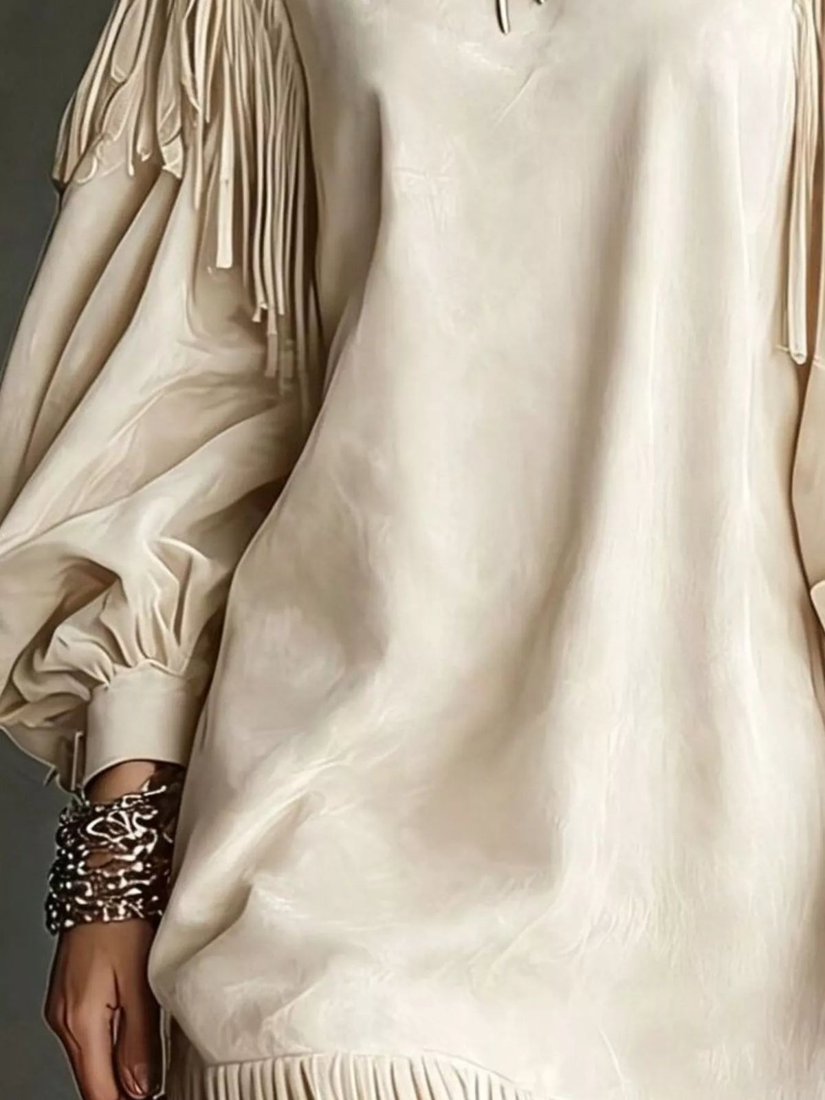 Fringe Detail Lantern Sleeve Mini Dress - Lilixa.store