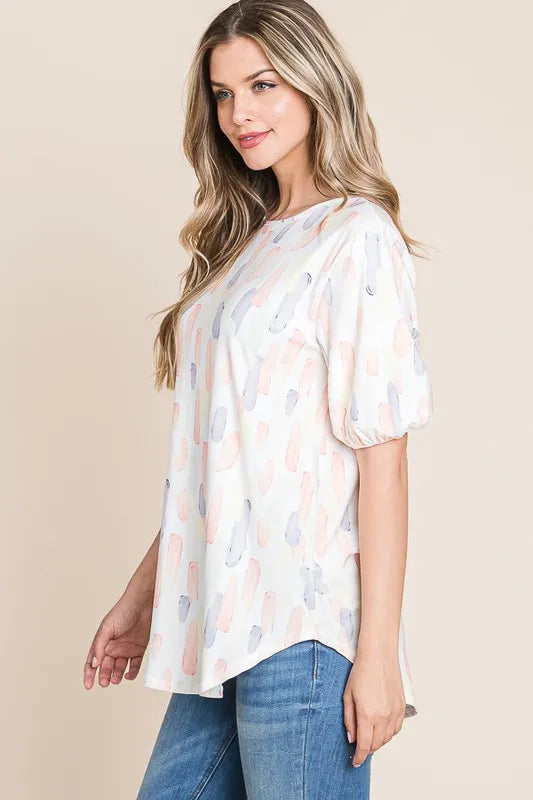 BOMBOM Round Neck Puff Short Sleeve Blouse - Lilixa.store