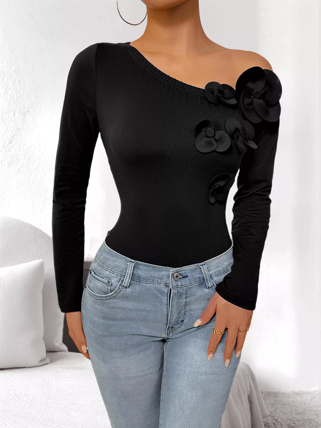 Flower One Shoulder Long Sleeve Bodysuit - Lilixa.store