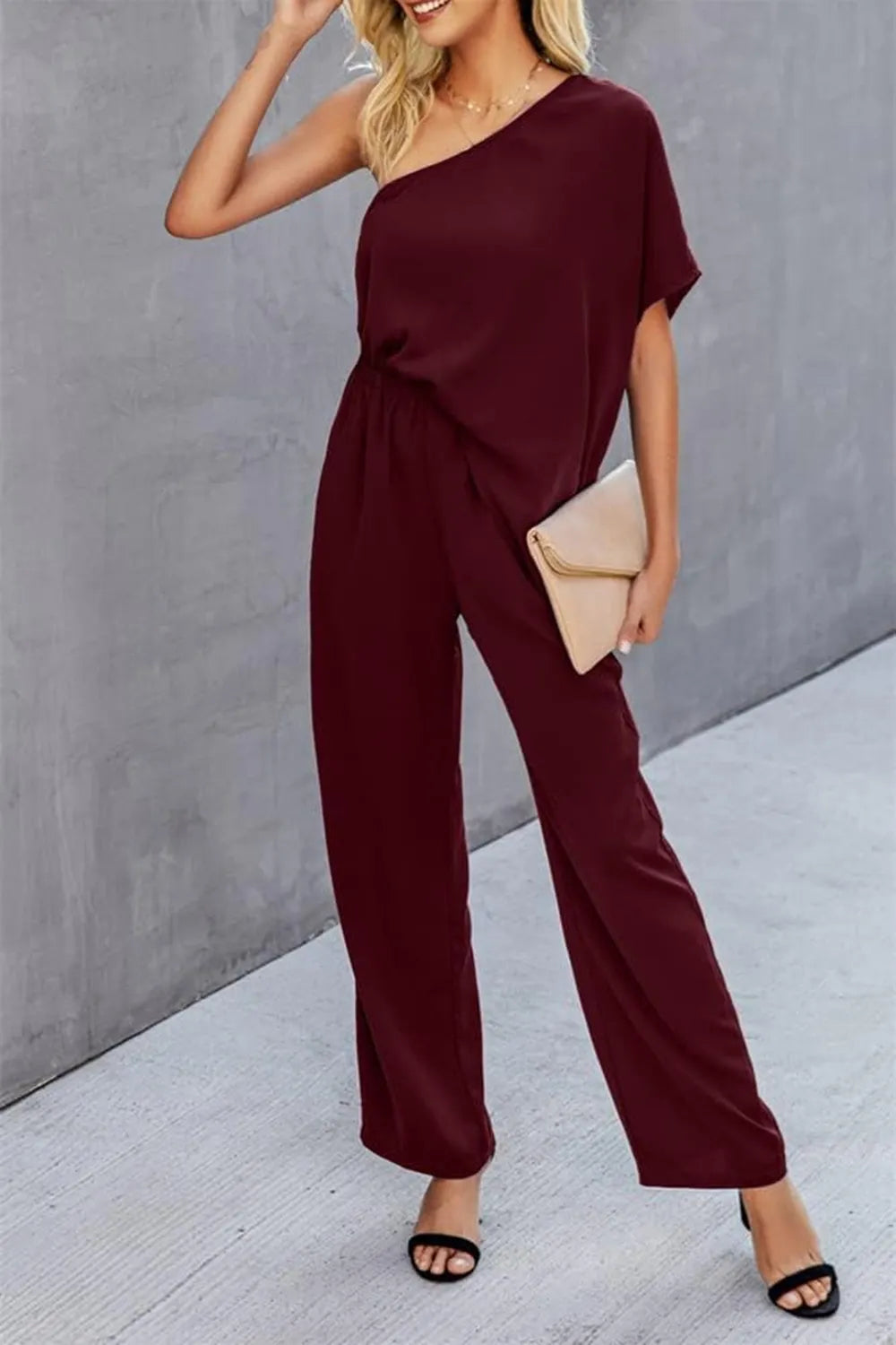 Single Shoulder Short Sleeve Jumpsuit - Lilixa.store