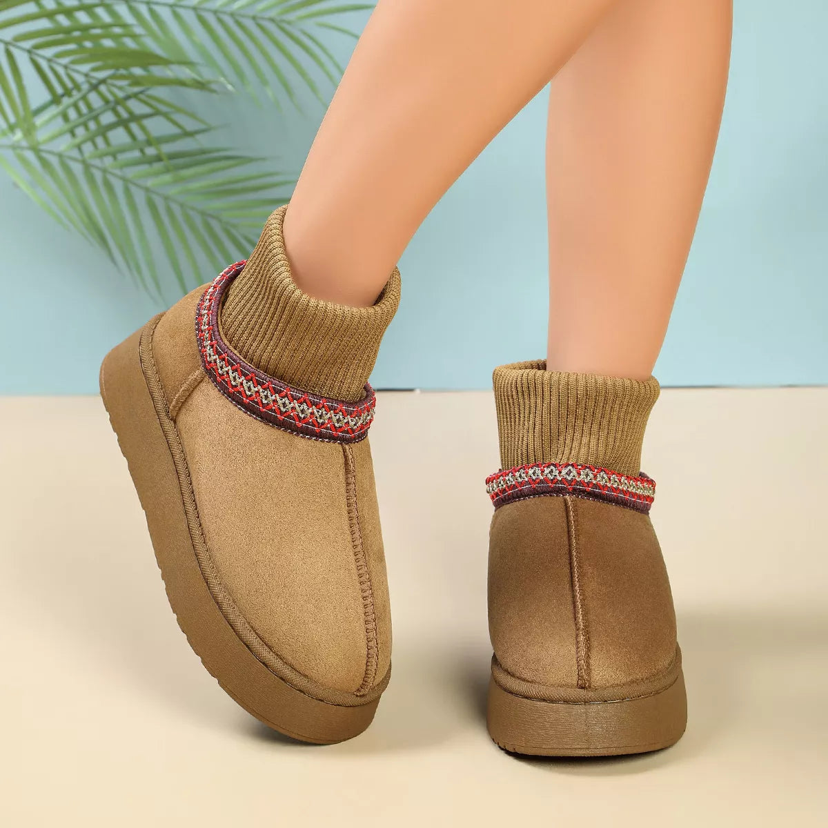 Cozy Knit-Cuff Platform Suede Boots with Decorative Trim in Camel