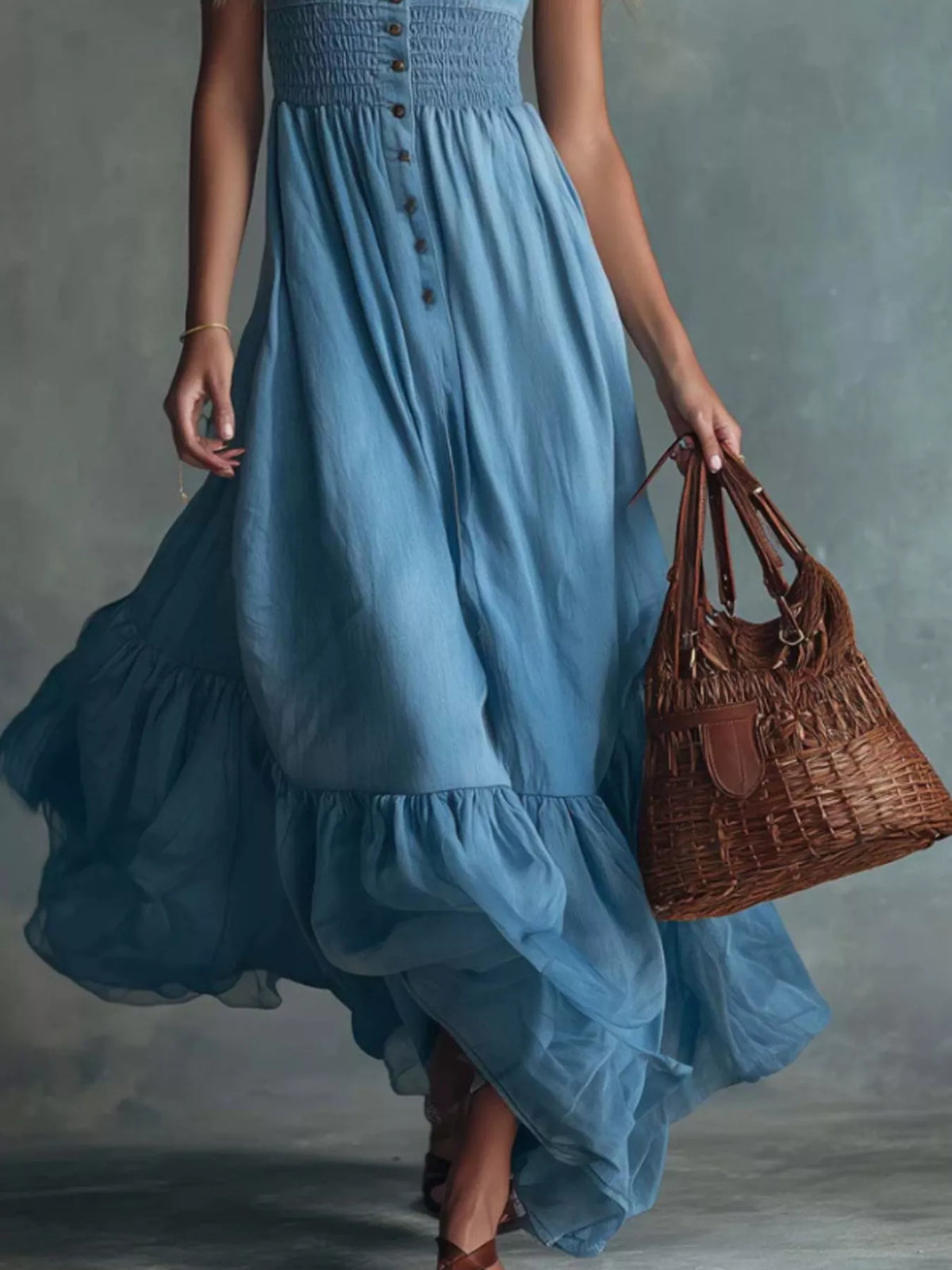 Smocked Button Front Denim Maxi Dress