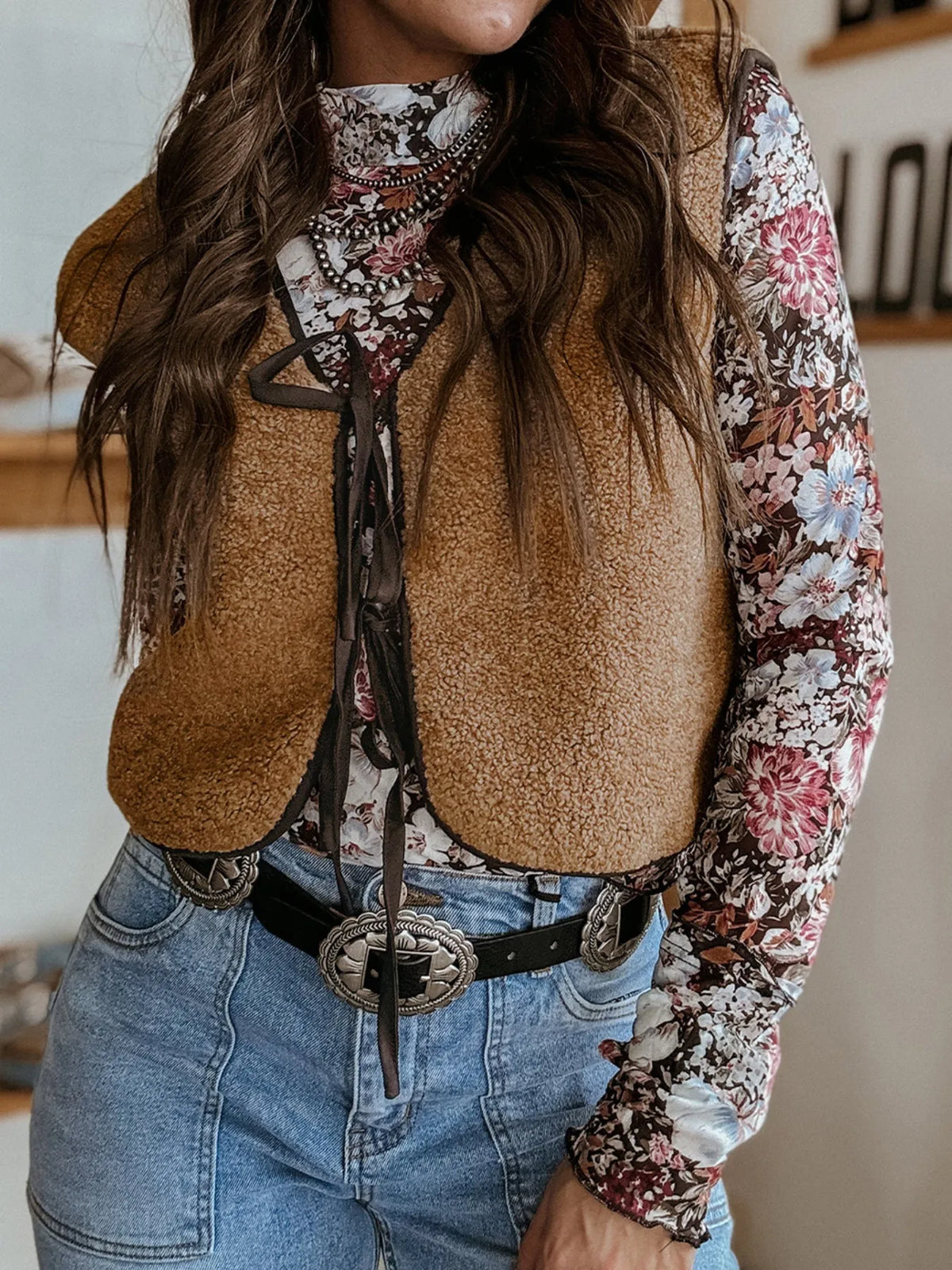Double Tied Front Vest Coat in Light French Beige, view 2