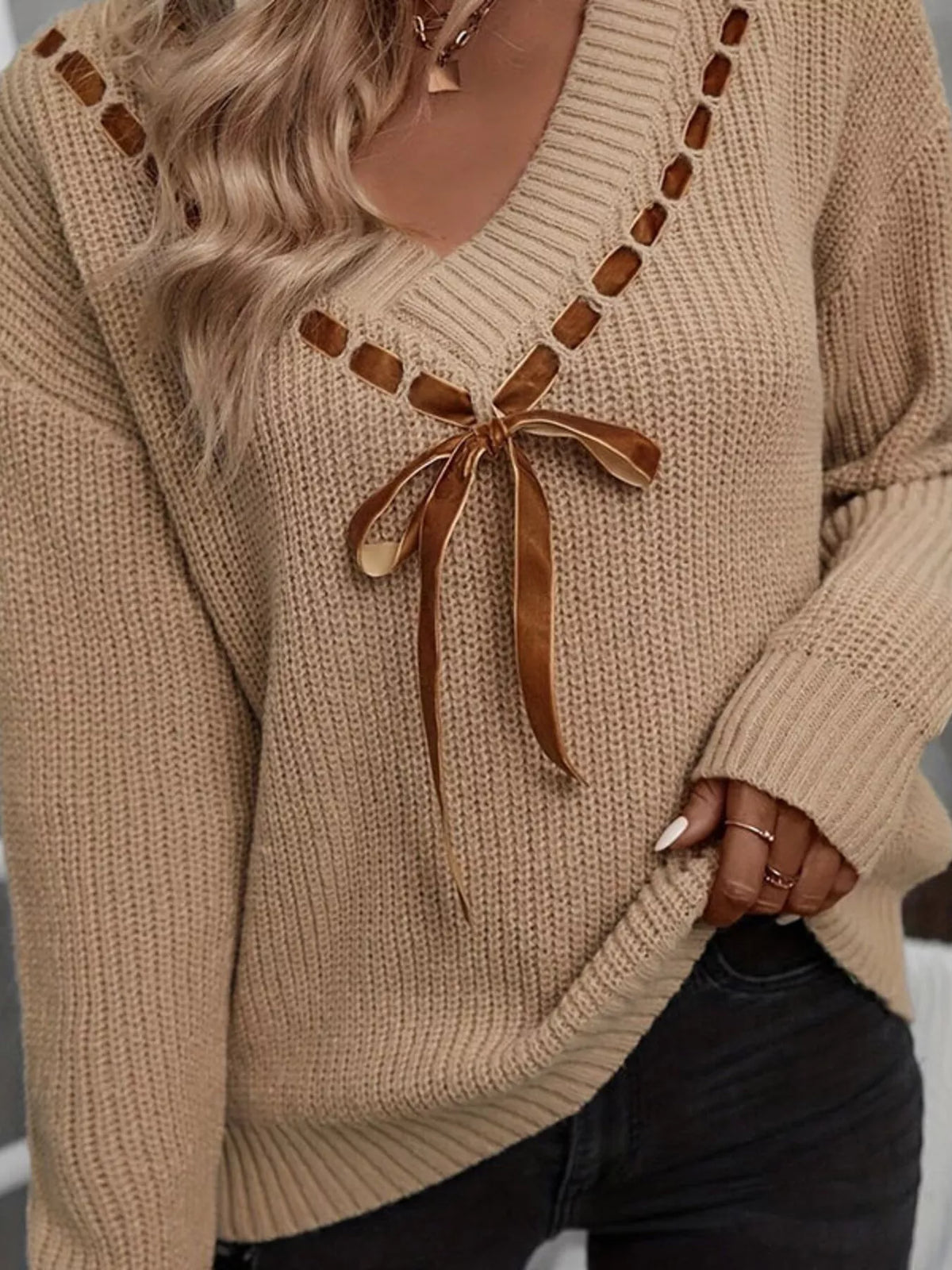 Ribbon Tie V-Neck Sweater