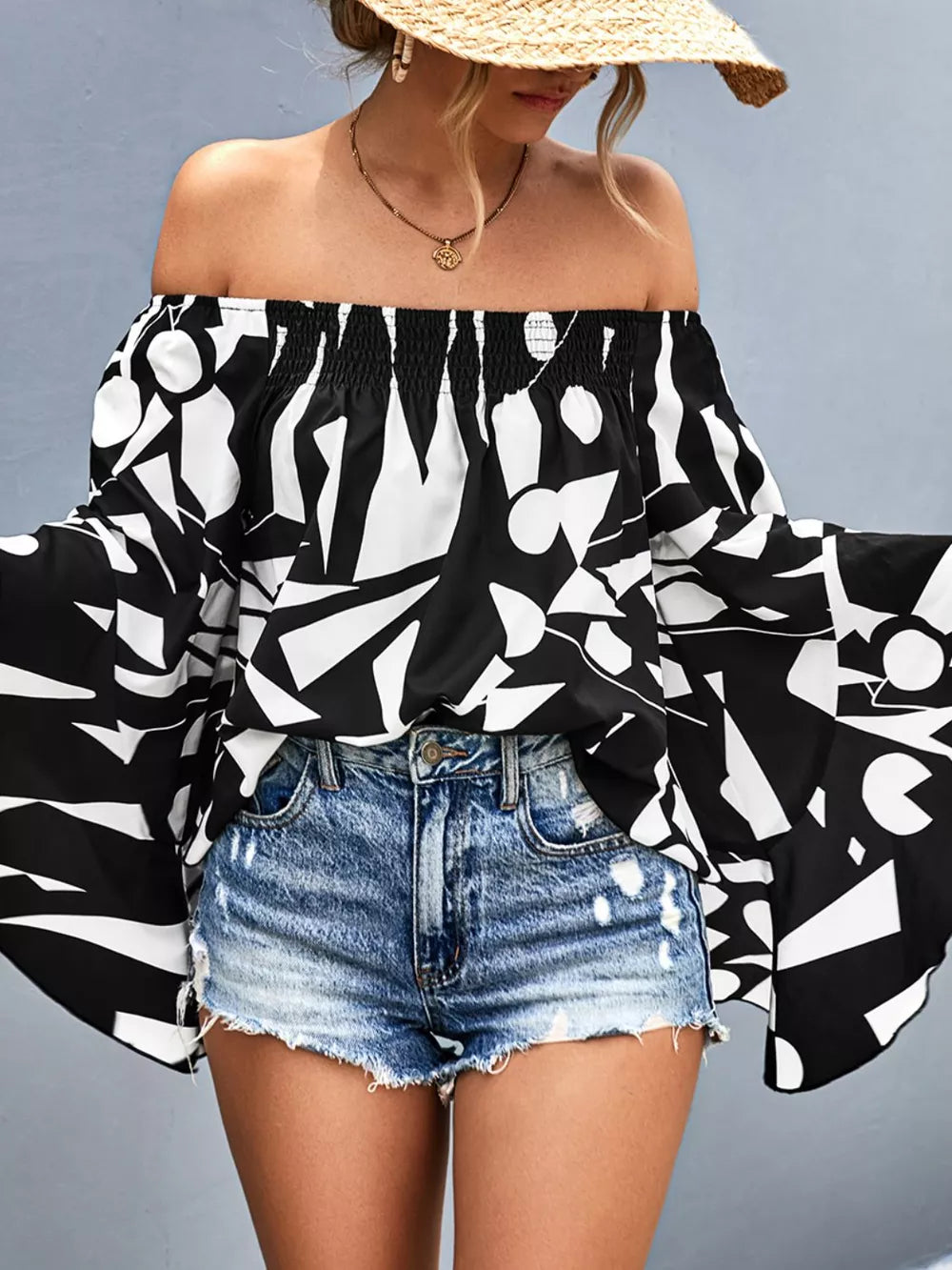 Printed Off-Shoulder Bell Sleeve Blouse - Lilixa.store