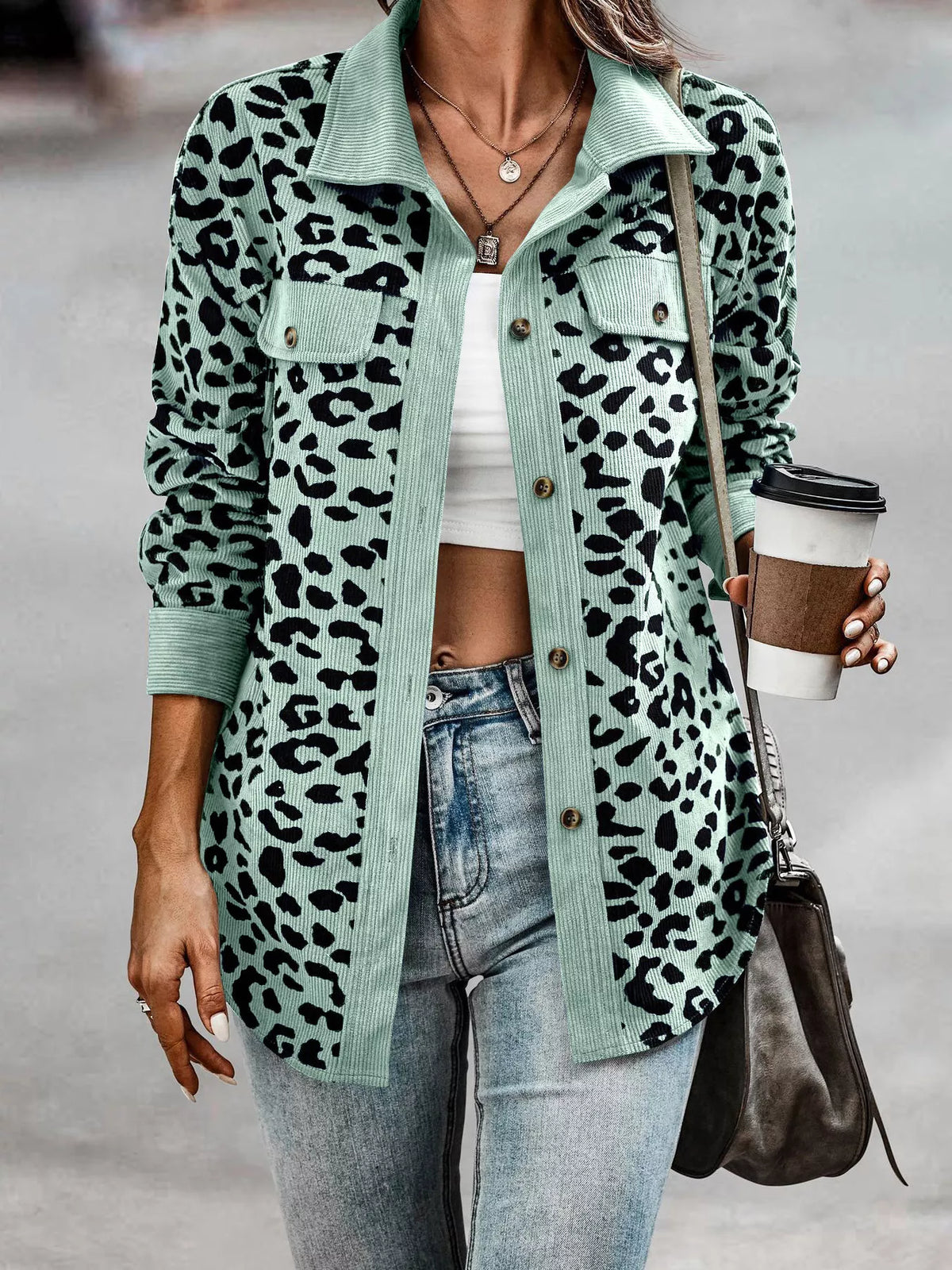 Full Size Leopard Print Button-Down Jacket Plus Size in Mint Green