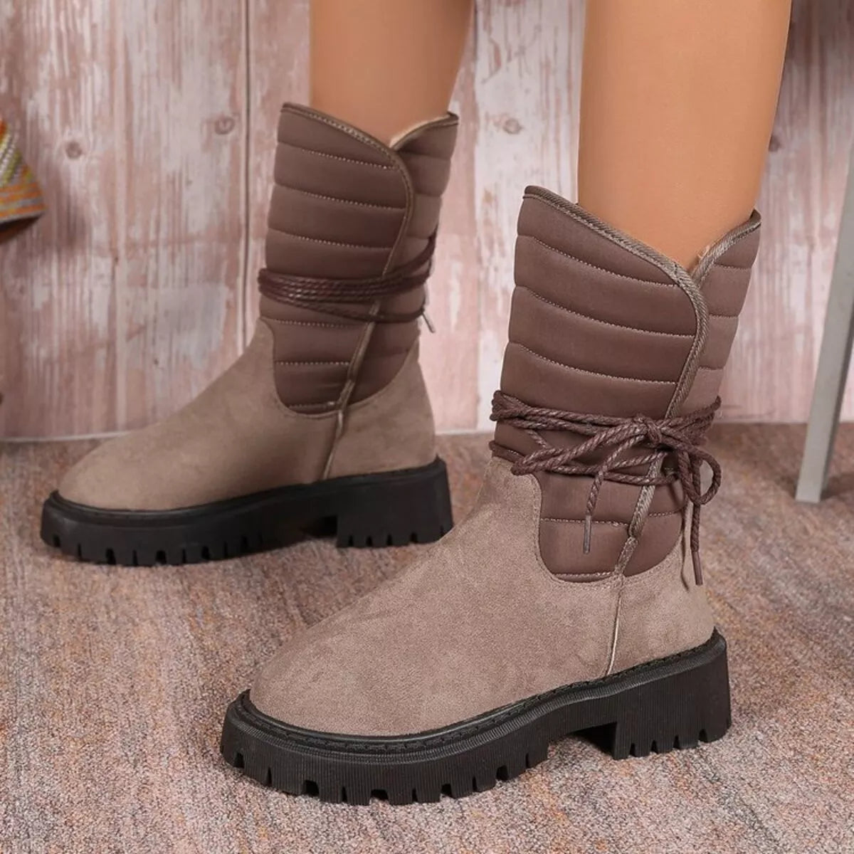 Quilted Lace-Up Mid-Calf Boots, view 7