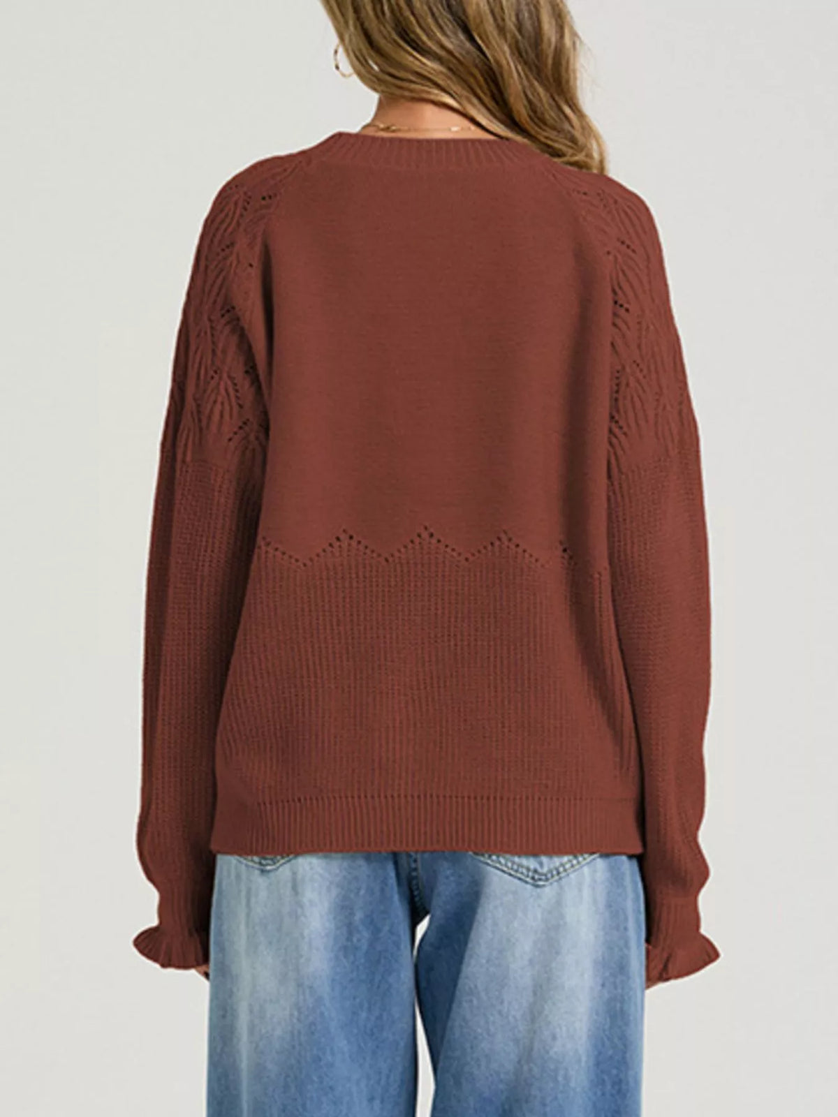 Pointelle Knit Round Neck Sweater - Lilixa.store