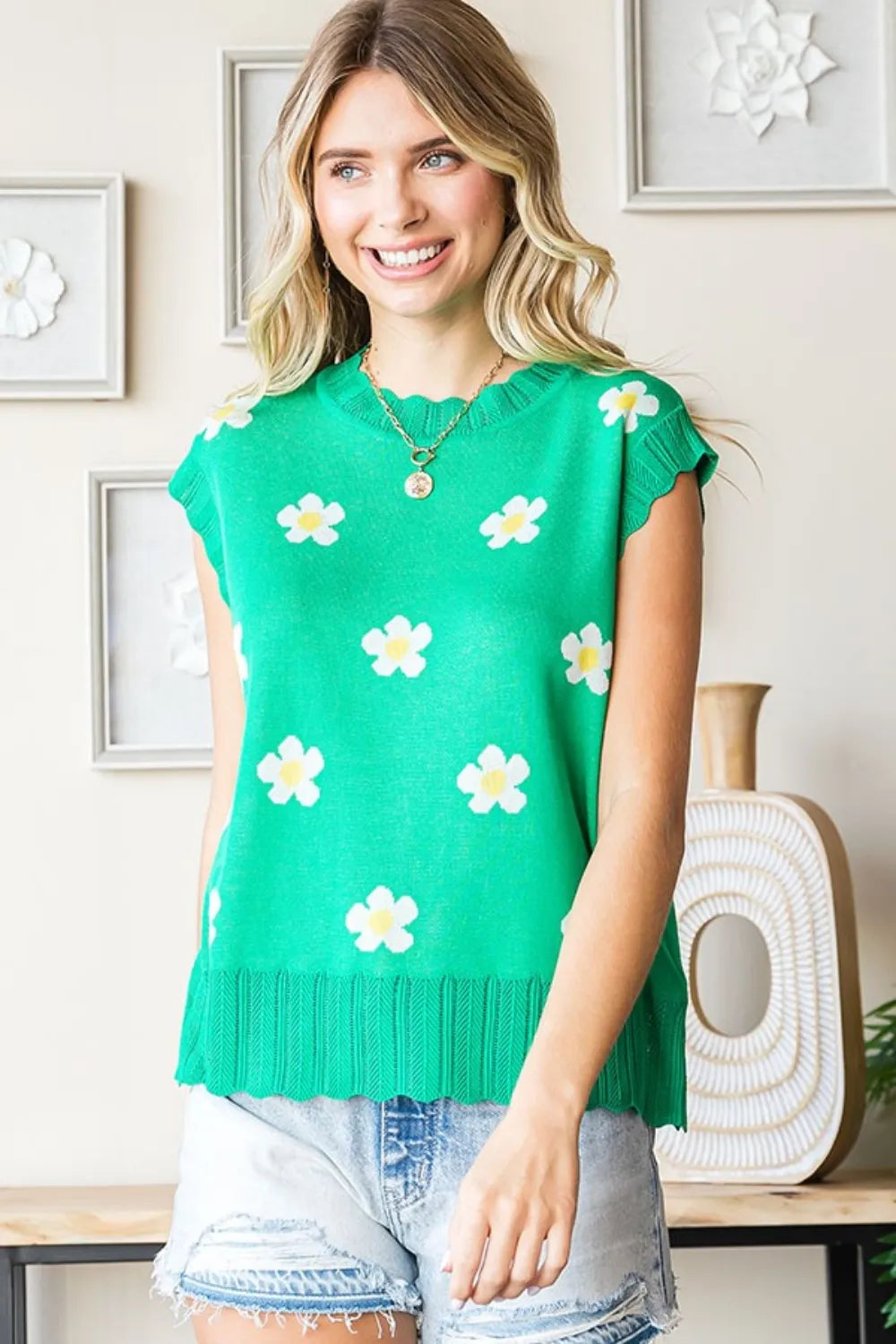 First Love Full Size Flower Pattern Round Neck Sweater Vest - Lilixa.store