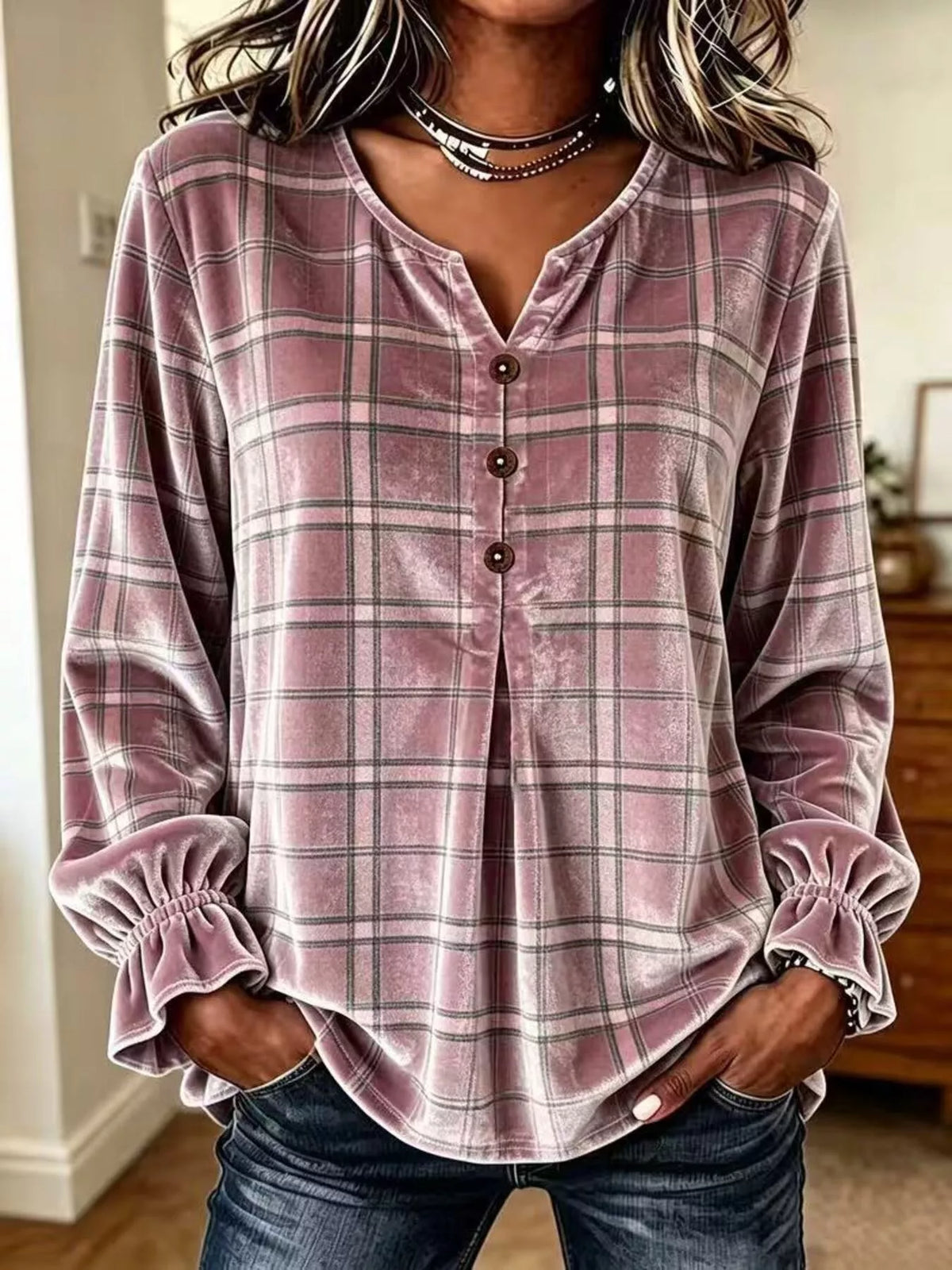 Full Size Plaid Velvet Flounce Sleeve Blouse Plus Size in Mauve