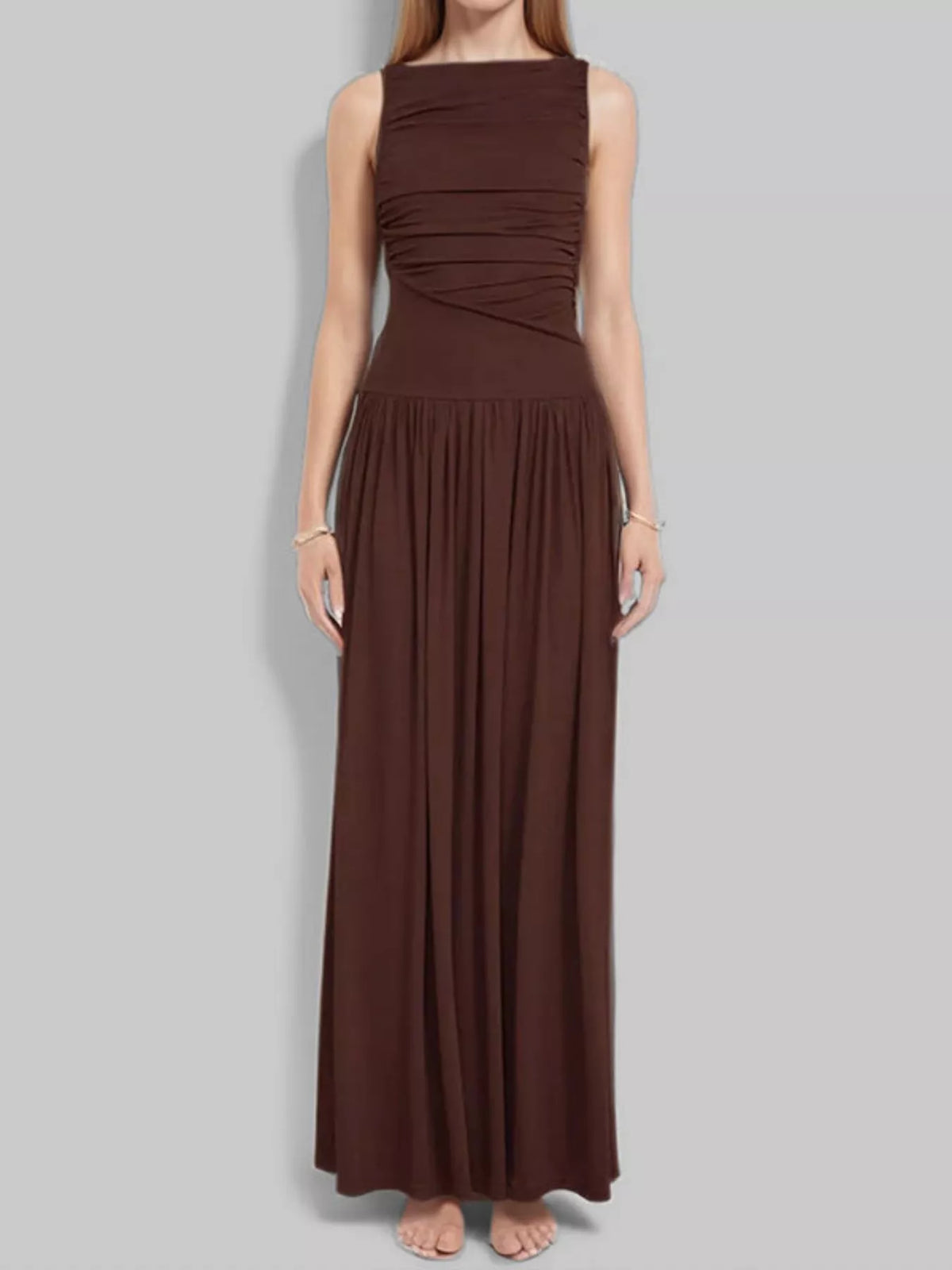 Ruched Sleeveless Maxi Dress in Brown