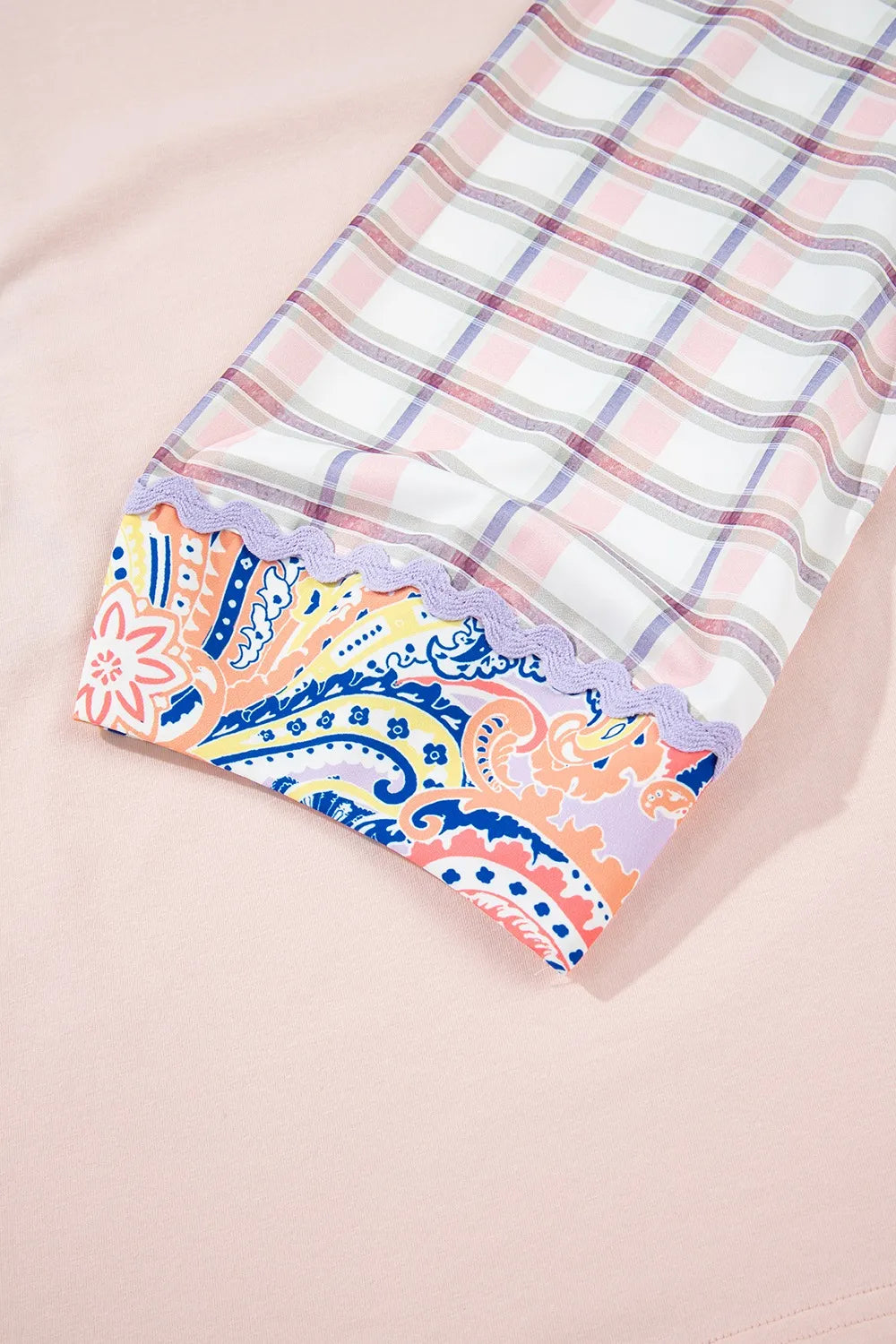 Paisley Print Plaid Long Sleeve Oversized Top in Blush Pink, view 9