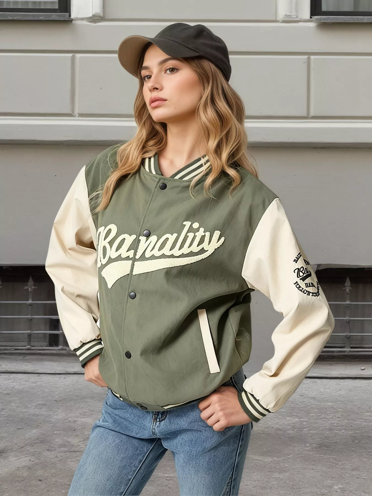 Contrast Baseball Jacket with Embroidered Lettering in Green