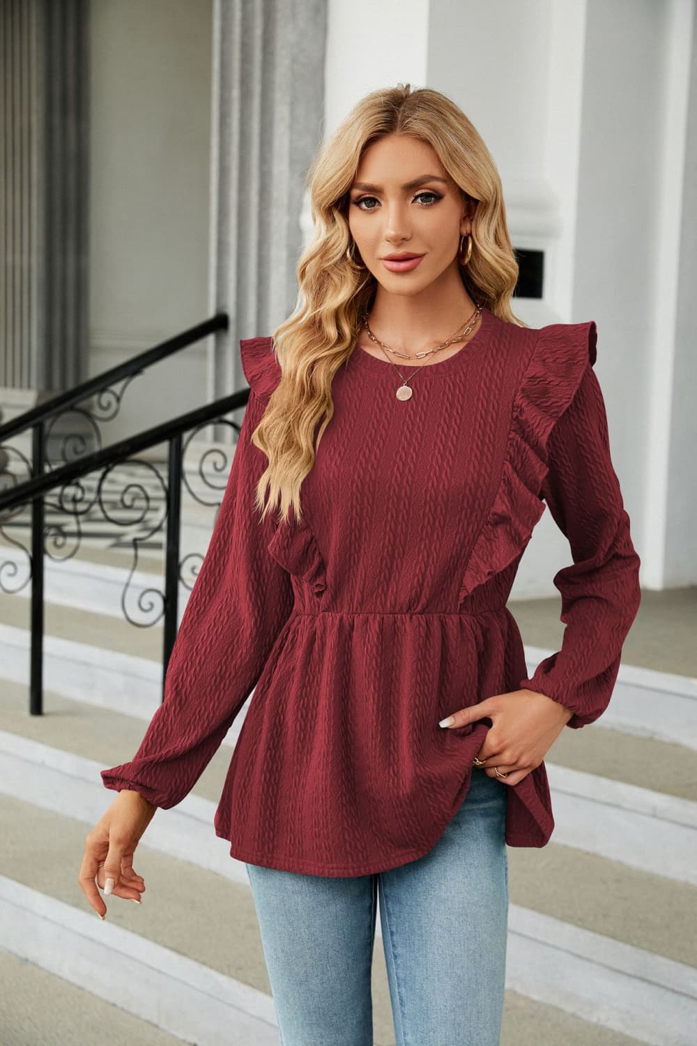 Round Neck Ruffled Peplum Blouse in Wine