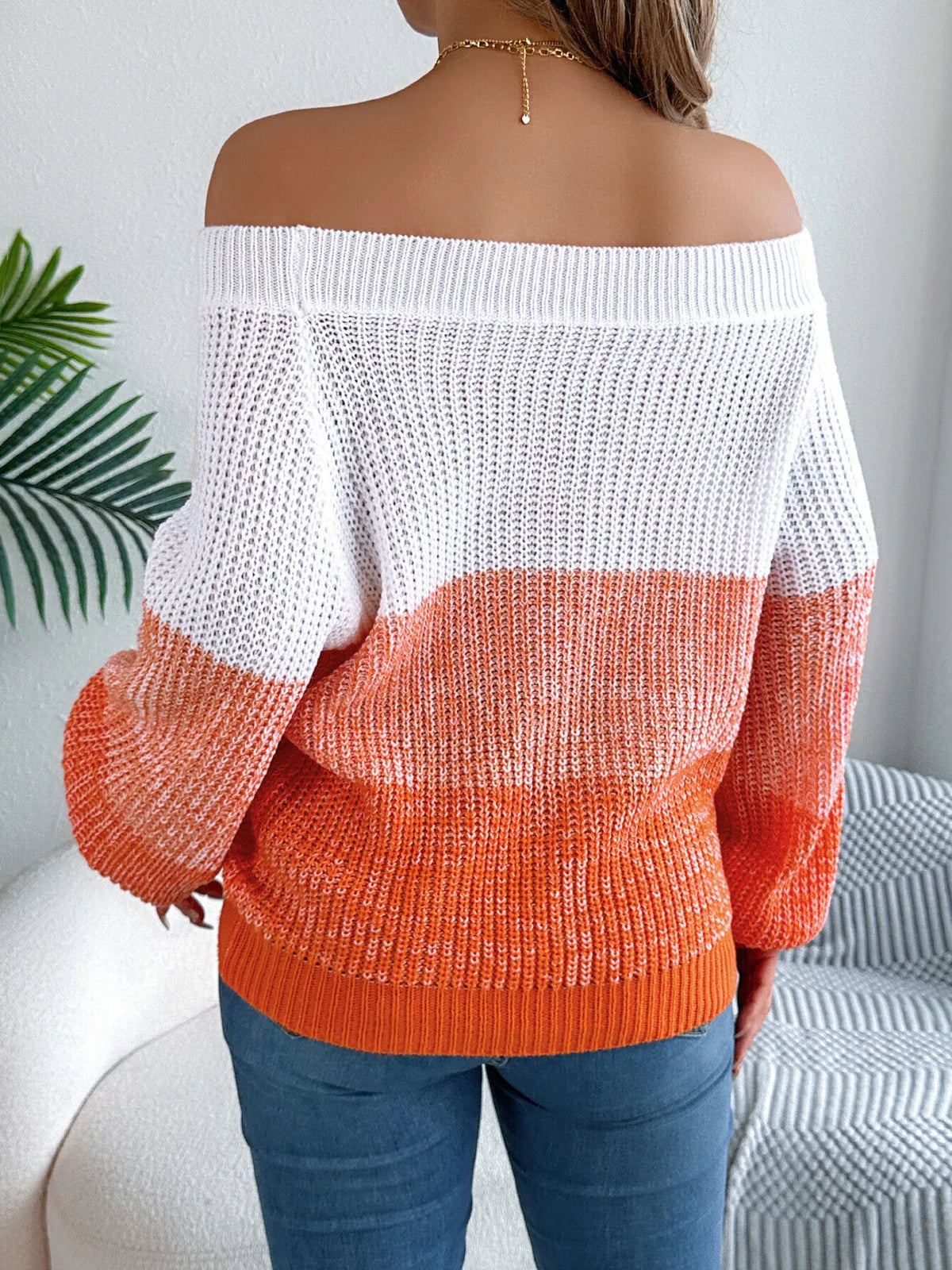 Off-Shoulder Color Block Sweater