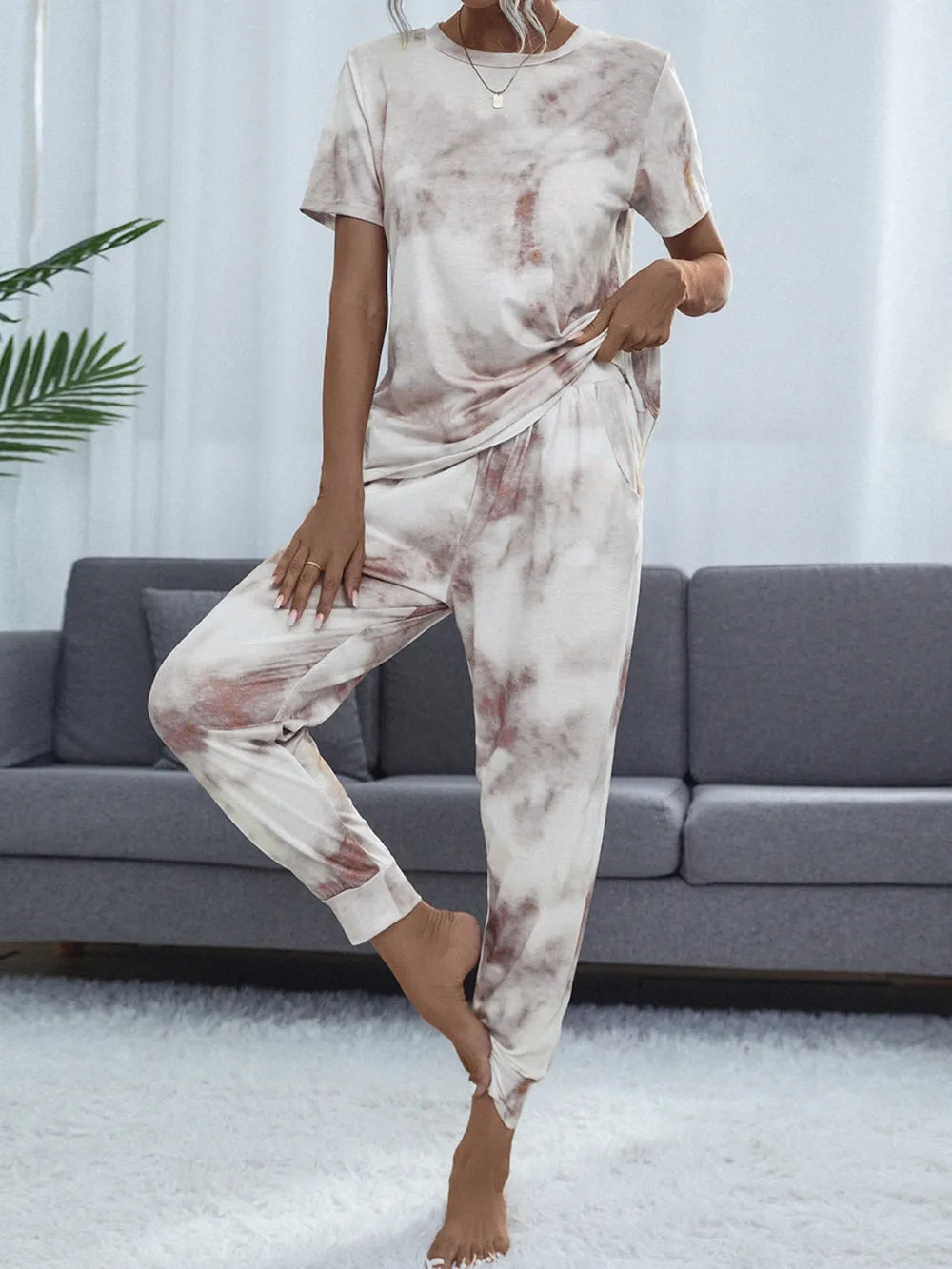 Shiny Tie-Dye Round Neck Short Sleeve Top and Pants Lounge Set - Lilixa.store