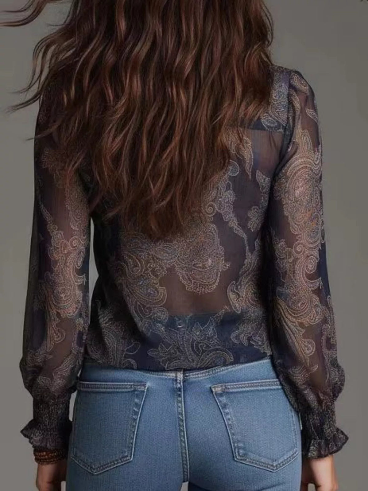 Full Size Paisley Print Ruffle Trim Zip-Front Blouse Plus Size, view 4