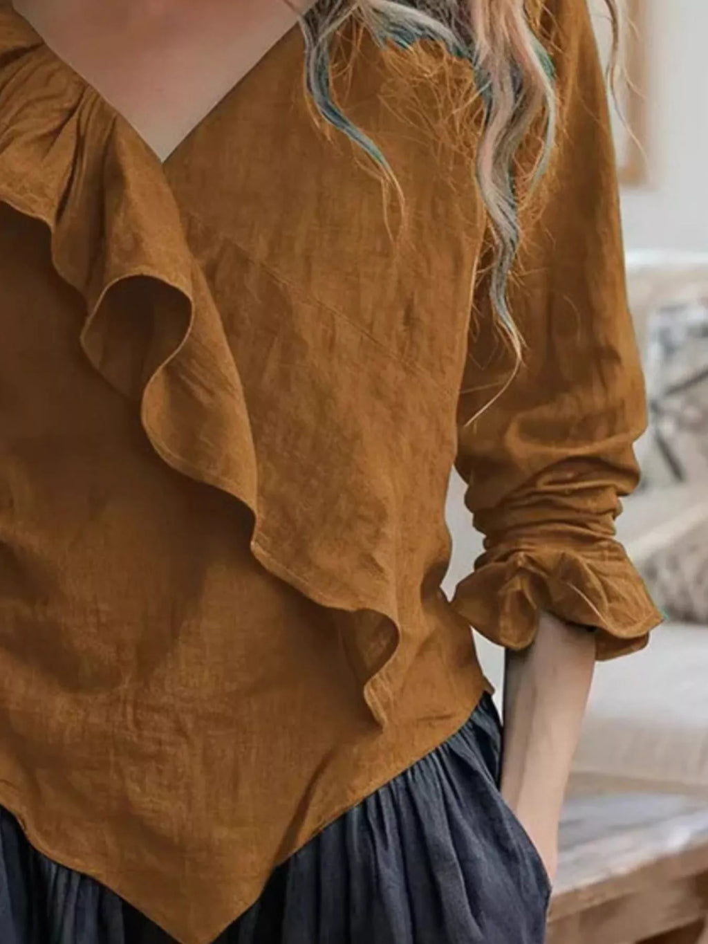 V-Neck Ruffled Long Sleeve Blouse - Lilixa.store