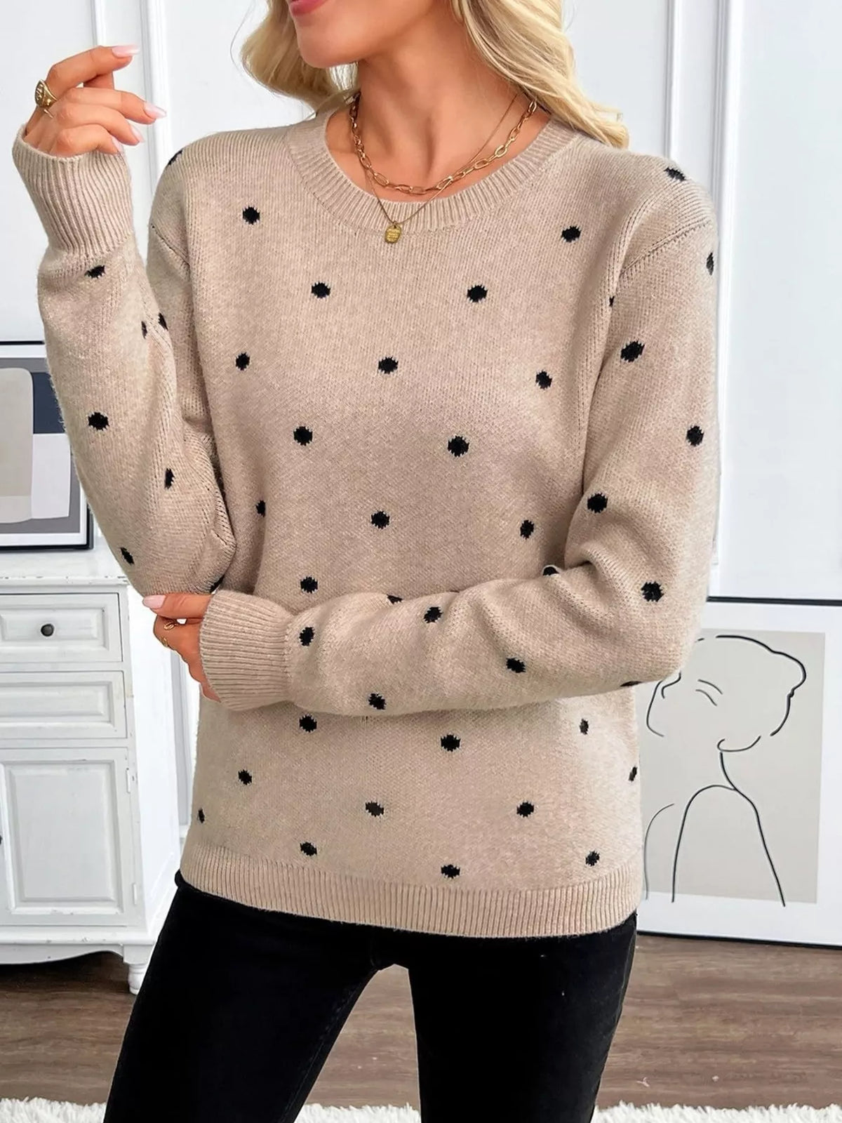 Polka Dot Crew Neck Sweater - Lilixa.store