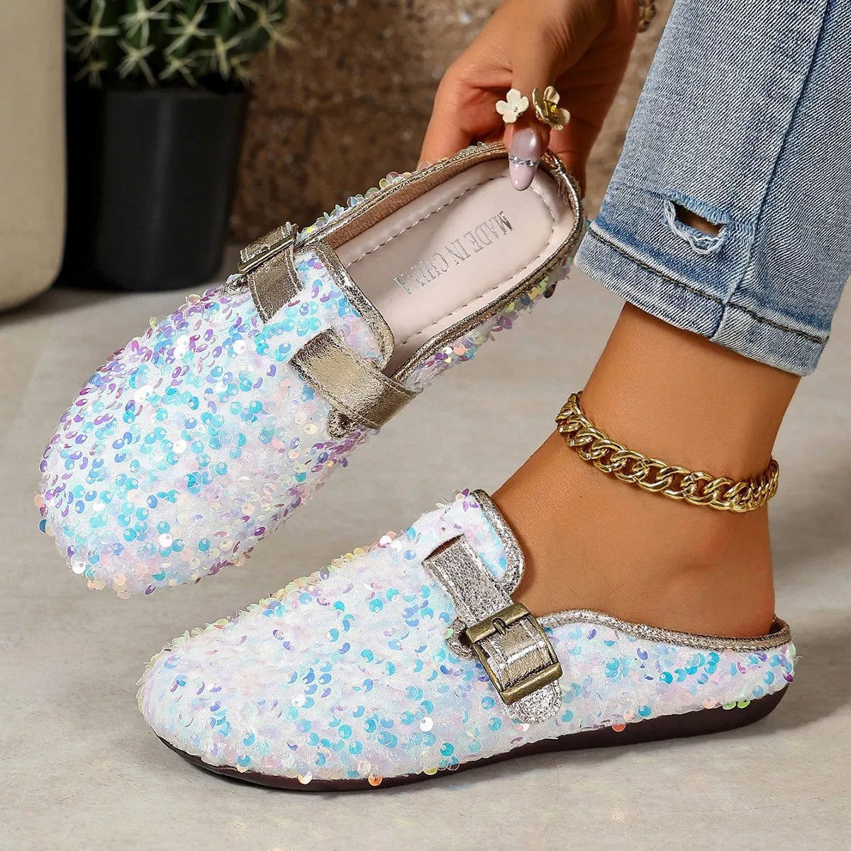 Sparkling Sequin Buckle Slip-On Loafers, view 3
