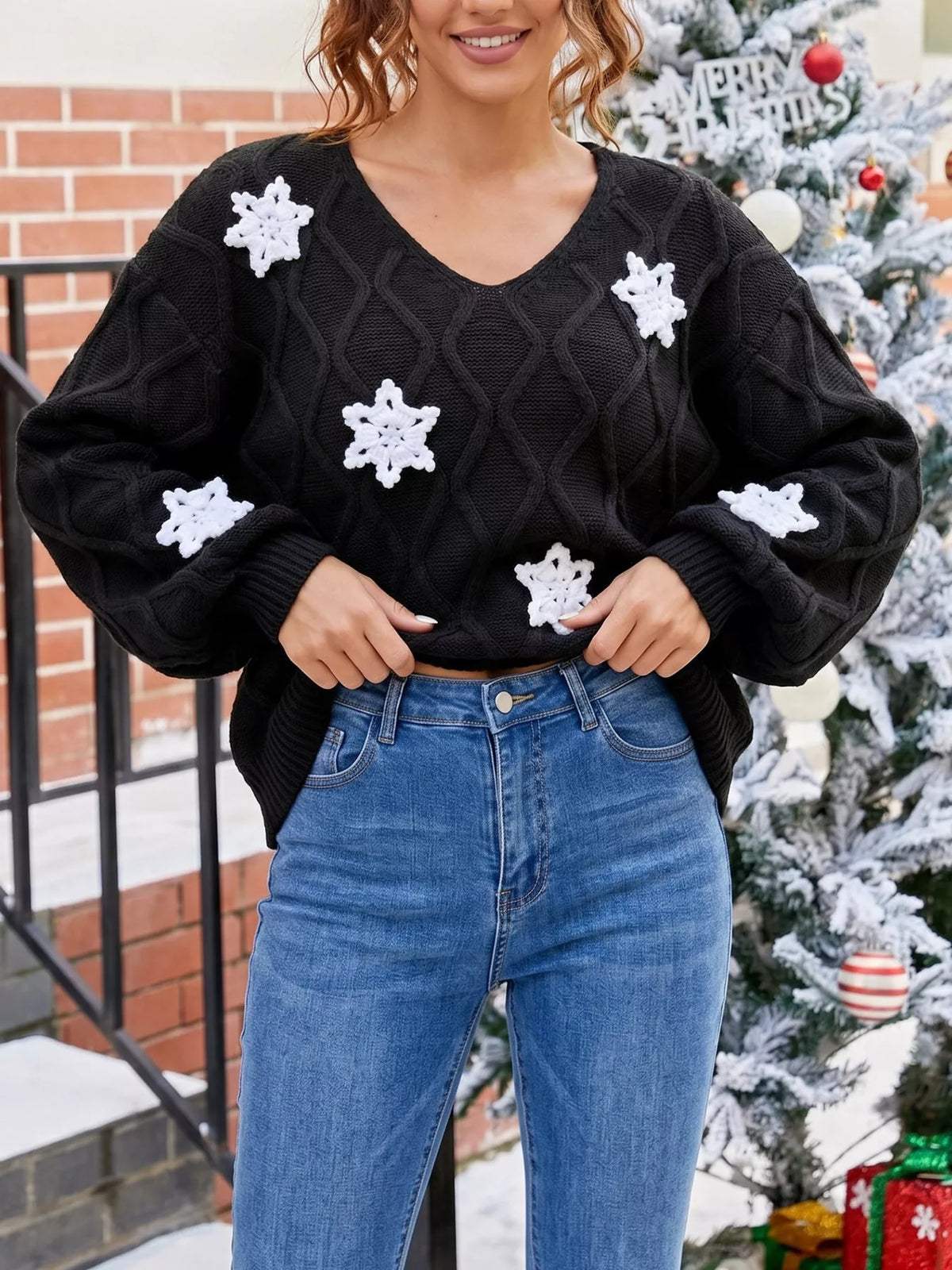 Snowflake Textured V-Neck Sweater - Lilixa.store