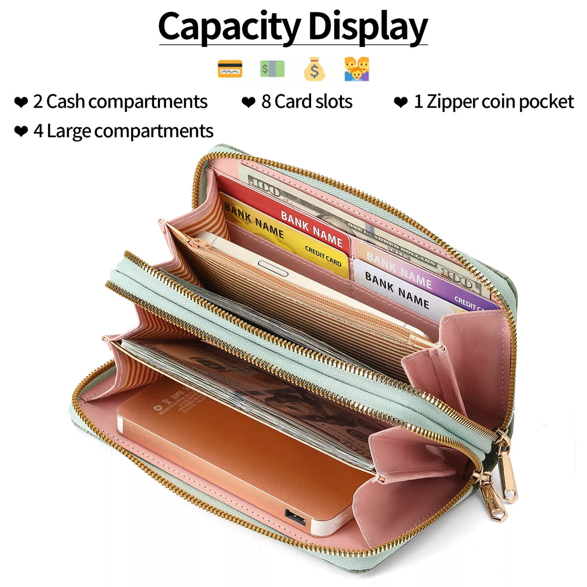 Embossed Floral Pattern Double Zipper Wallet - Lilixa.store