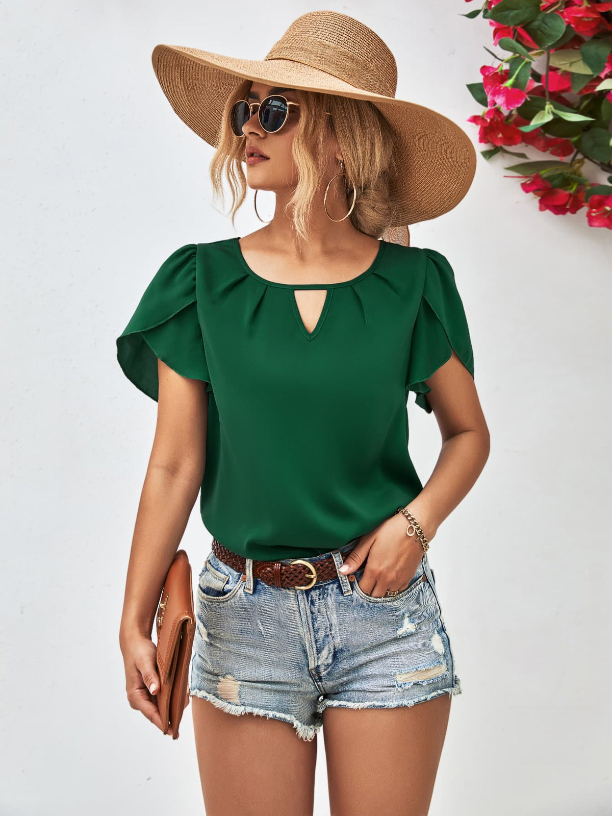 Cutout Round Neck Petal Sleeve Blouse in Forest