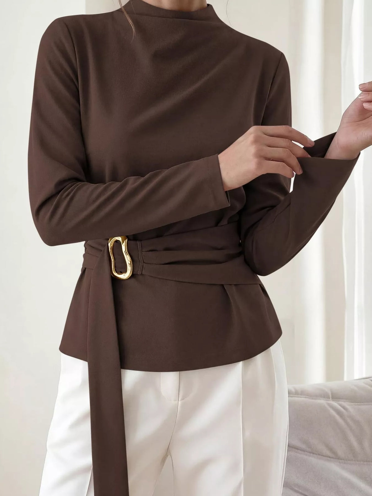 Mock Neck Blouse with Waist-Defining Metal Buckle Detail - Lilixa.store