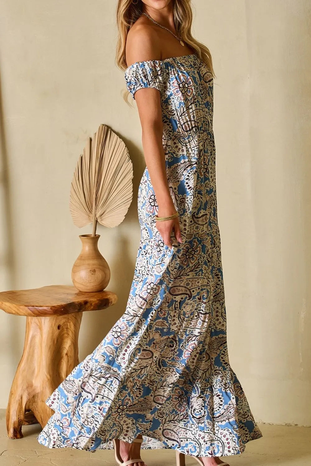 Boho Paisley Print Off Shoulder Maxi Dress in Dusty Blue, view 6