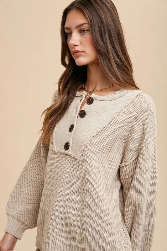 Annie Wear Half Button Ribbed Hem Sweater - Lilixa.store