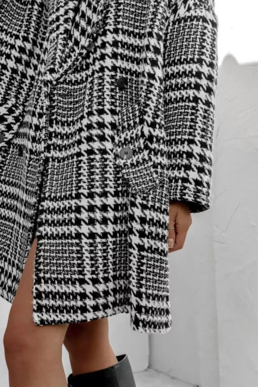 Houndstooth Collared Neck Long Sleeve Coat with Pockets, view 7