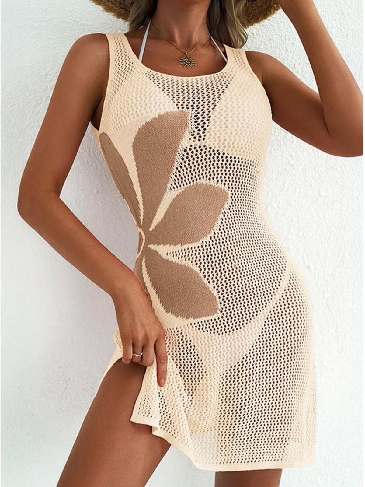 Side Slit Flower Crochet Knit Cover Up Dress in Apricot