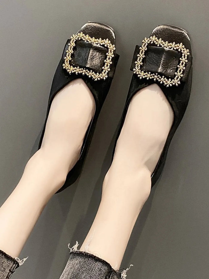 Square Toe Buckle Detail Loafers in Black