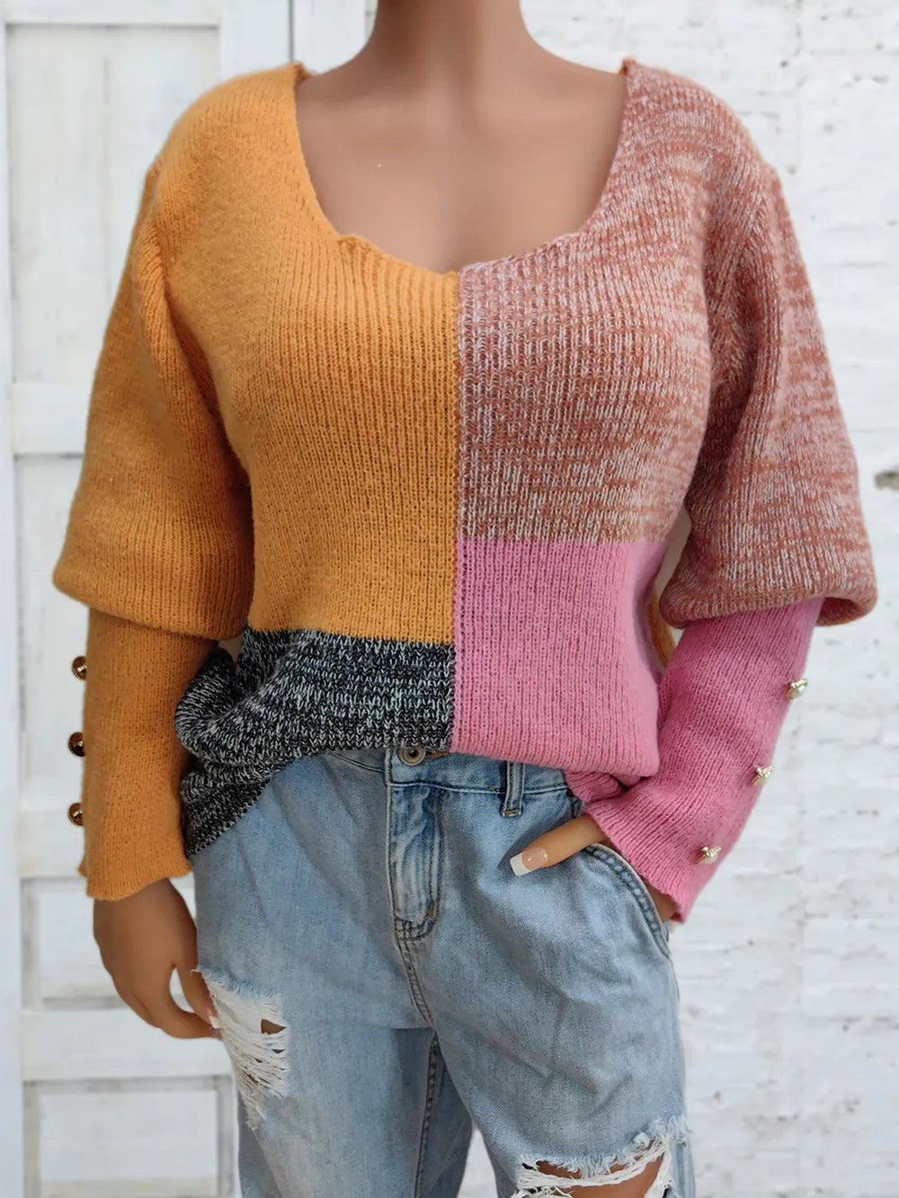 Color Block Decorative Button Long Sleeve Sweater in Sherbet, view 4