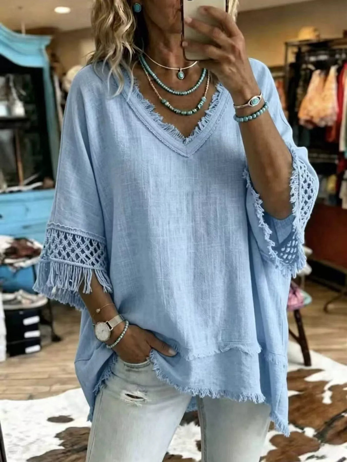 Full Size Fringe Trim V-Neck Loose Fit Blouse Plus Size