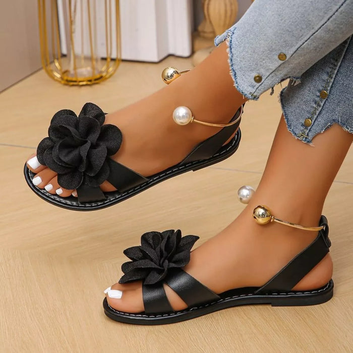 Flower Open Toe Sandals in Black