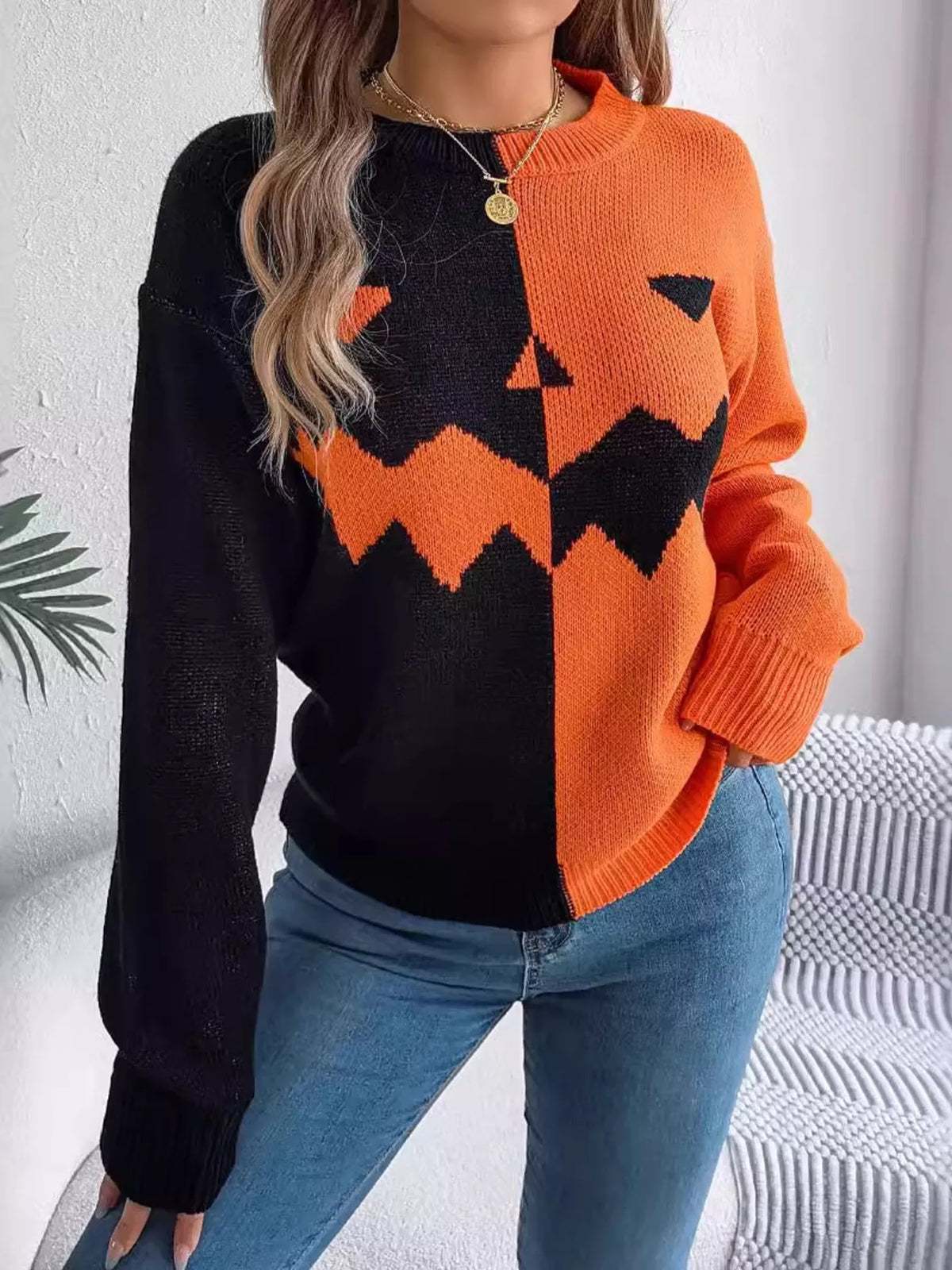 Pumpkin Face Graphic Two Tone Sweater