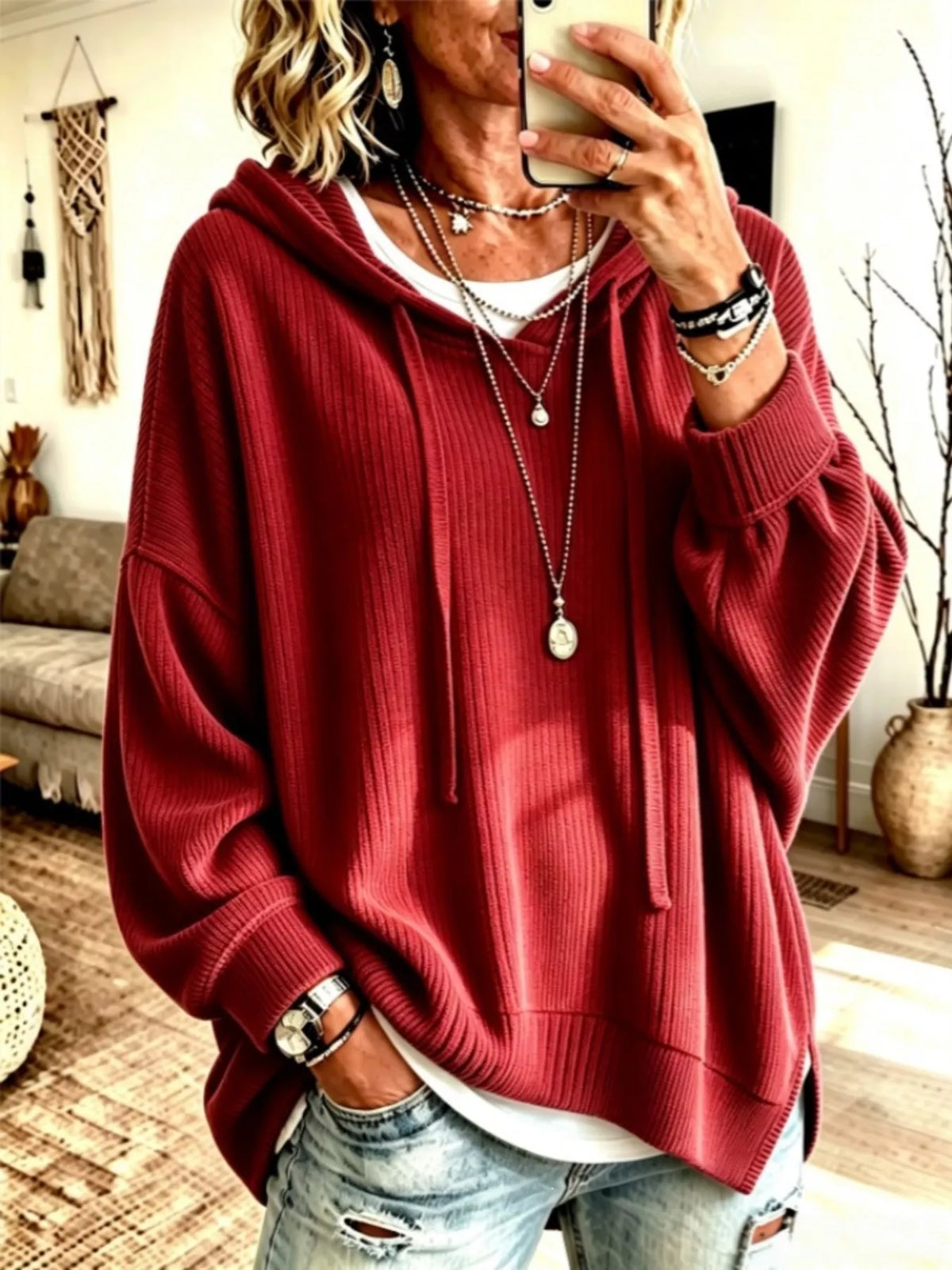 Drawstring Ribbed Knit Hoodie - Lilixa.store