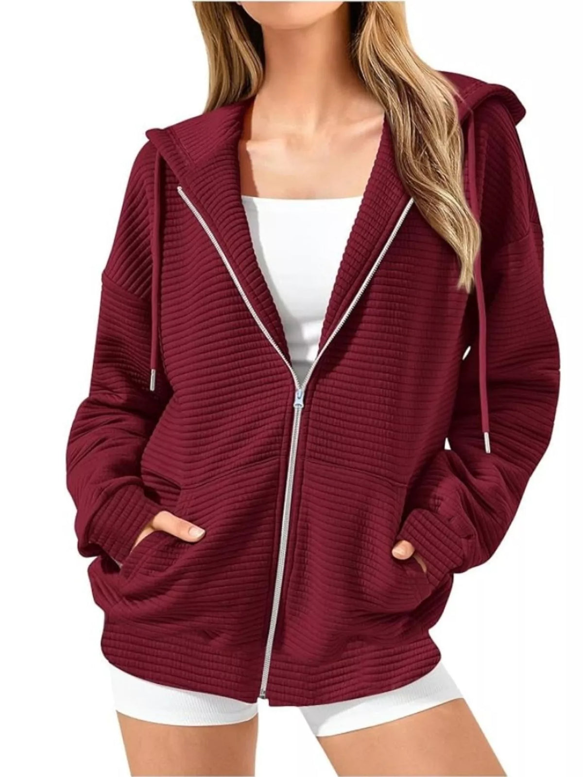 Drawstring Zip Up Dropped Shoulder Hoodie - Lilixa.store