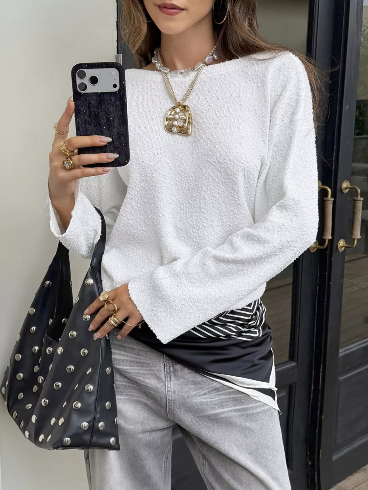 Boat Neck Dropped Shoulder Sweater - Lilixa.store