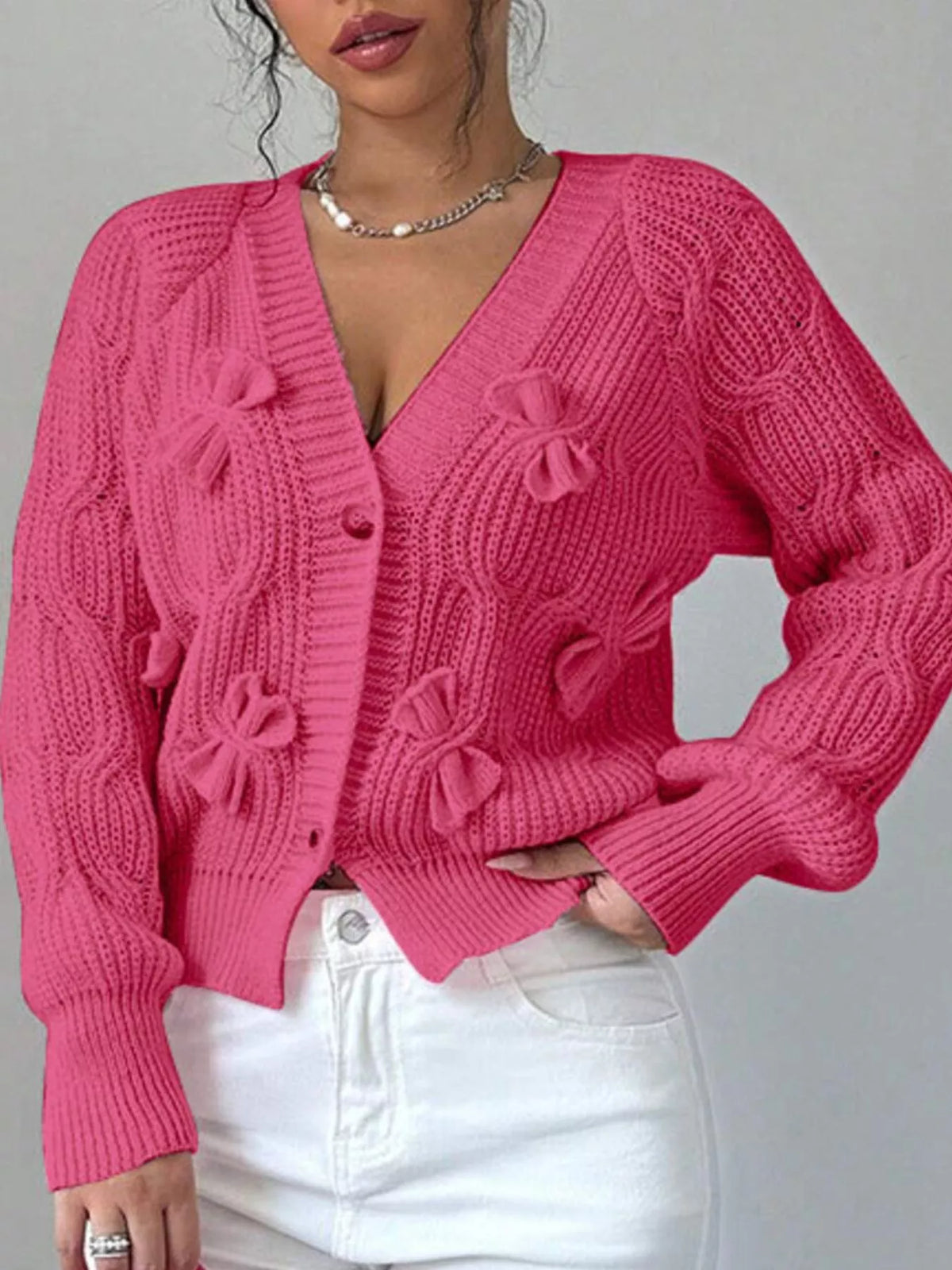 Bow Cable Knit V-Neck Cardigan - Lilixa.store