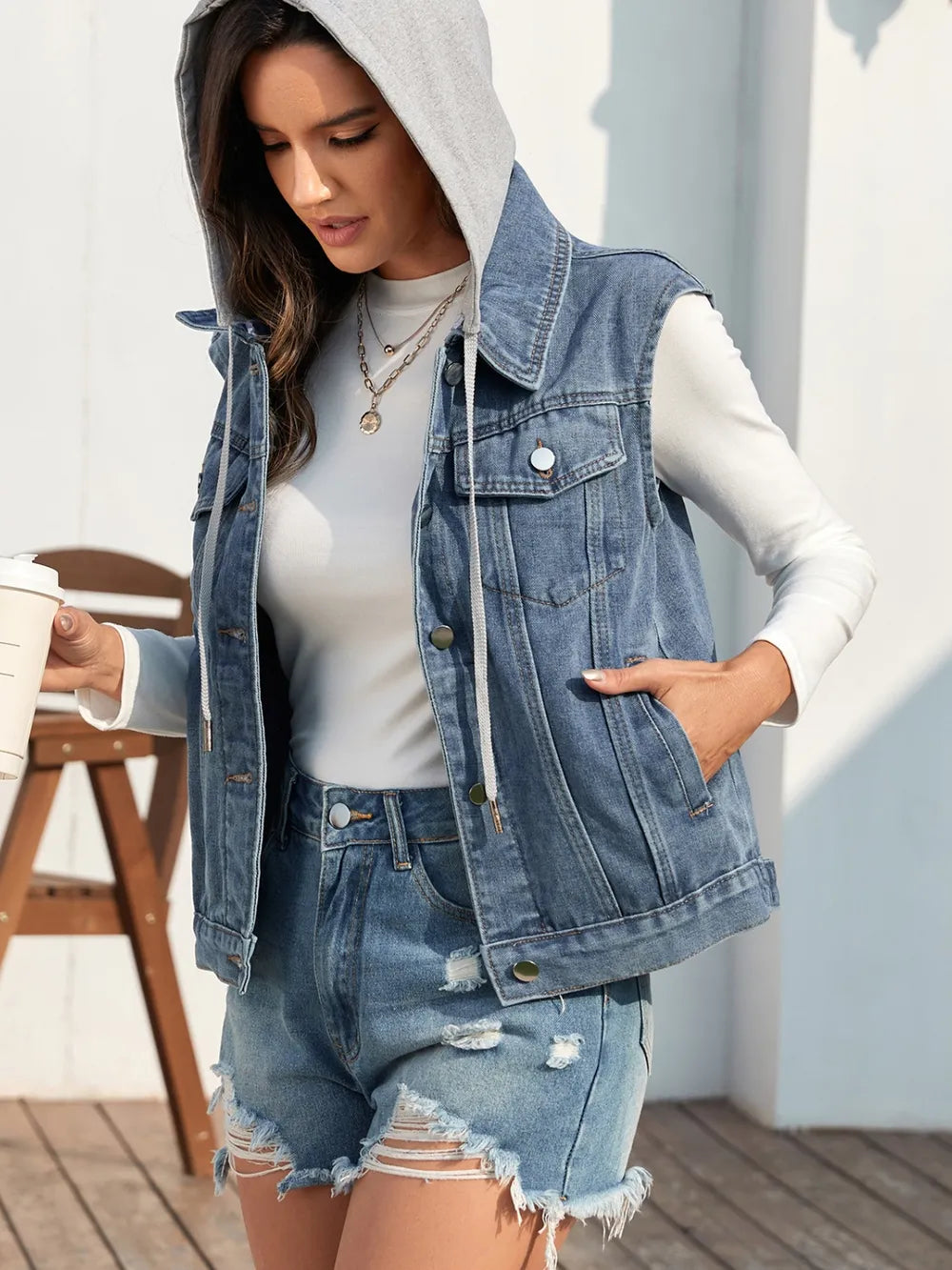 Pocketed Button Up Hooded Denim Jacket in Black, view 5
